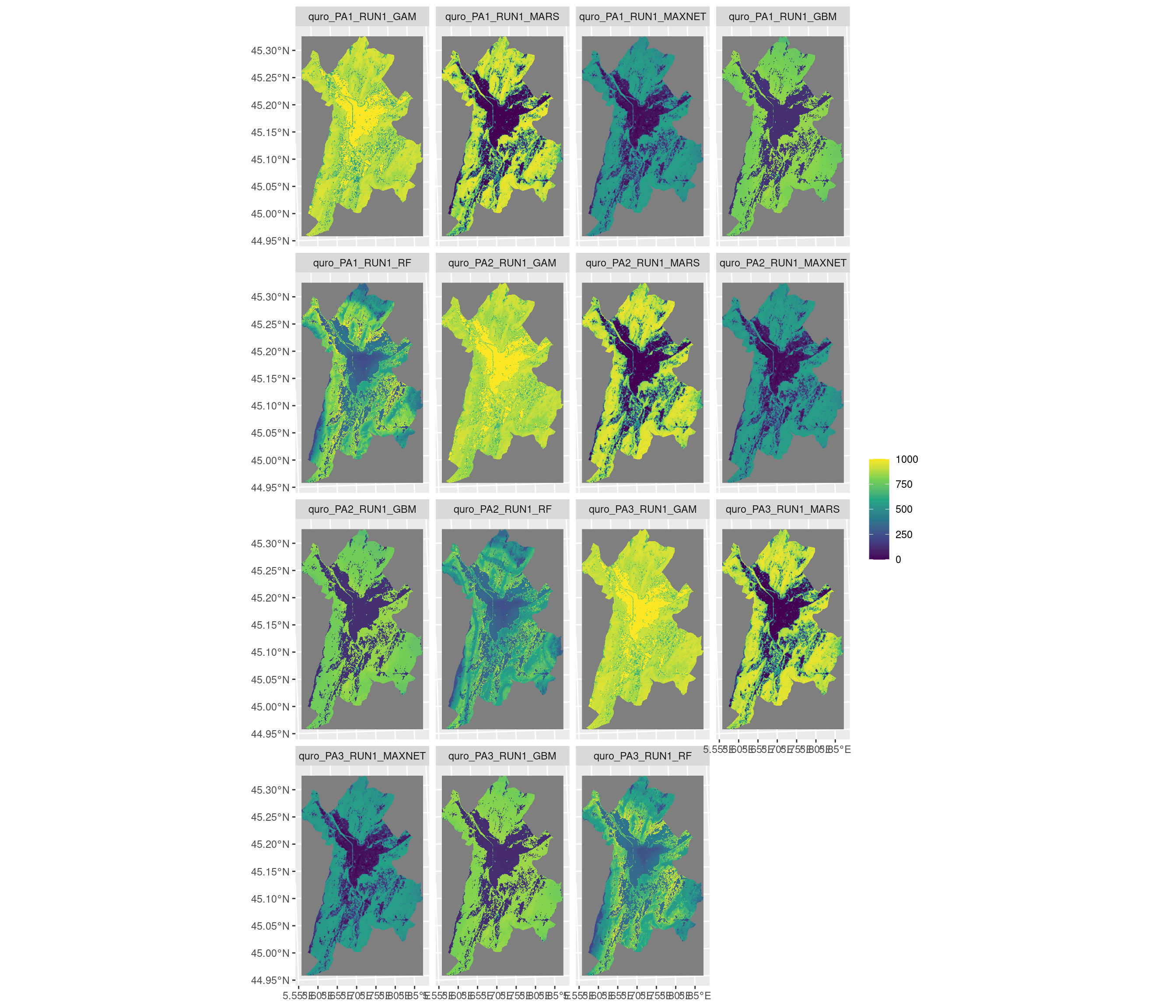 Projection de la distribution potentielle contemporaine sur la métropole de Grenoble, selon les 6 algorithmes et les 3 runs.