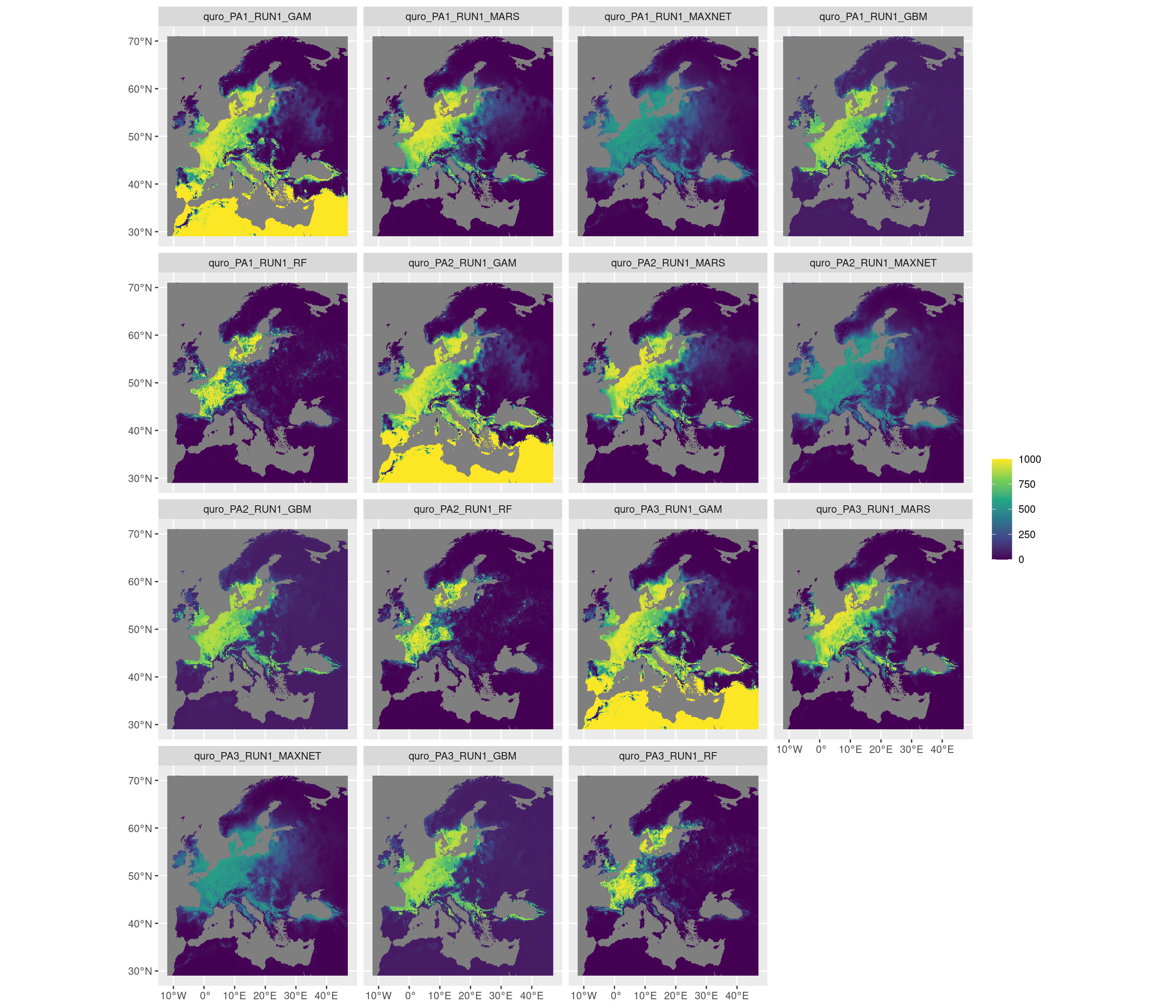 Projection de la distribution potentielle contemporaine sur l'Europe, selon les 6 algorithmes et les 3 runs.