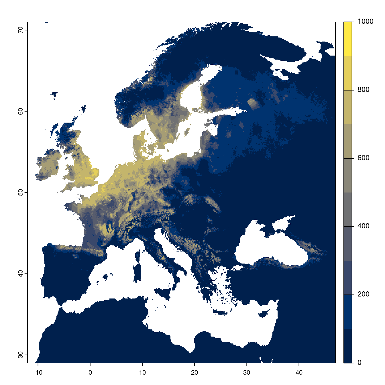 Projection des distributions potentielles futures jusqu'à l'horizon 2100 sous le scénario SSP2-4.5 (modèle d'ensemble).
