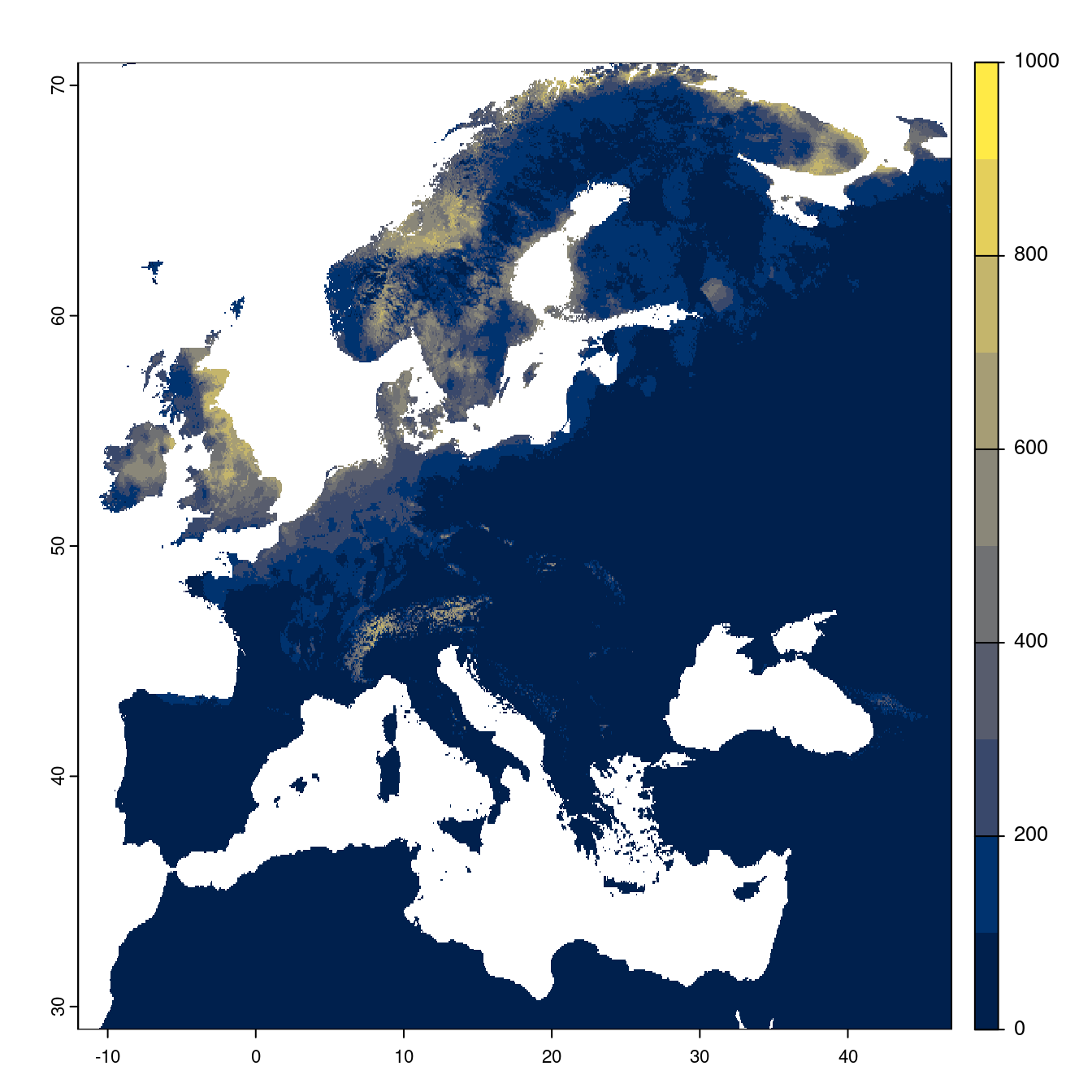 Projection des distributions potentielles futures jusqu'à l'horizon 2100 sous le scénario SSP3-7.0 (modèle d'ensemble).