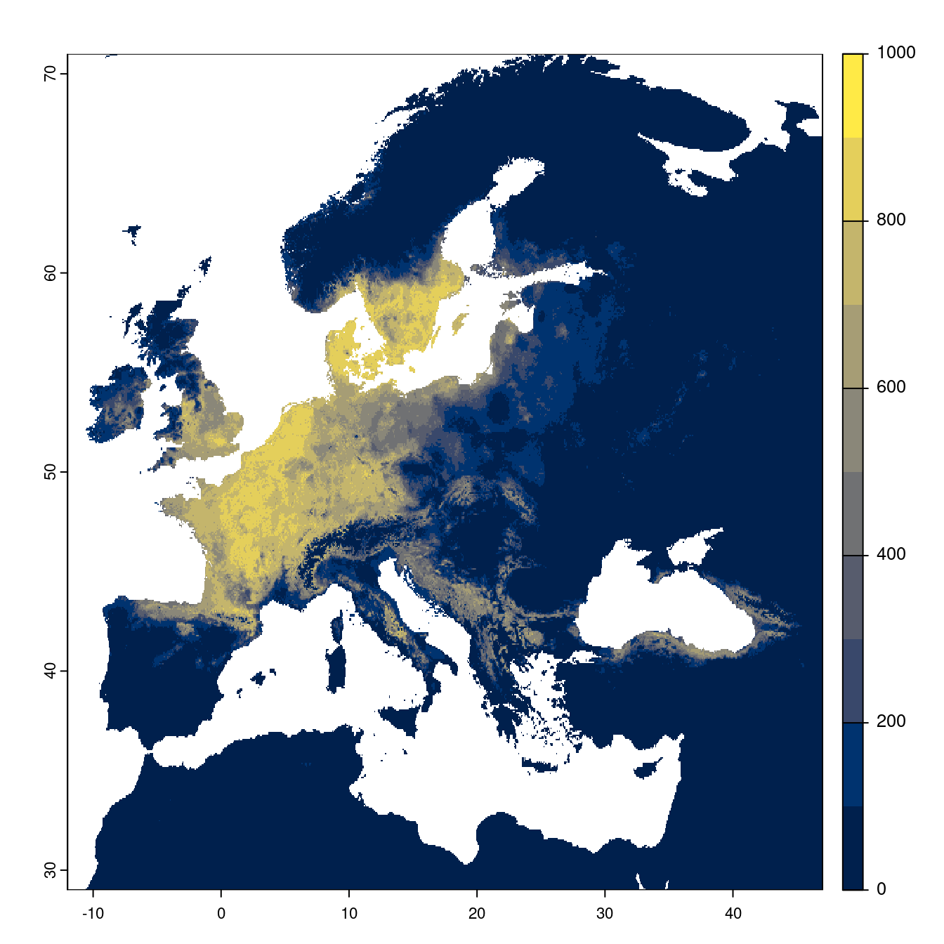 Projection des distributions potentielles futures jusqu'à l'horizon 2100 sous le scénario SSP5-8.5 (modèle d'ensemble).