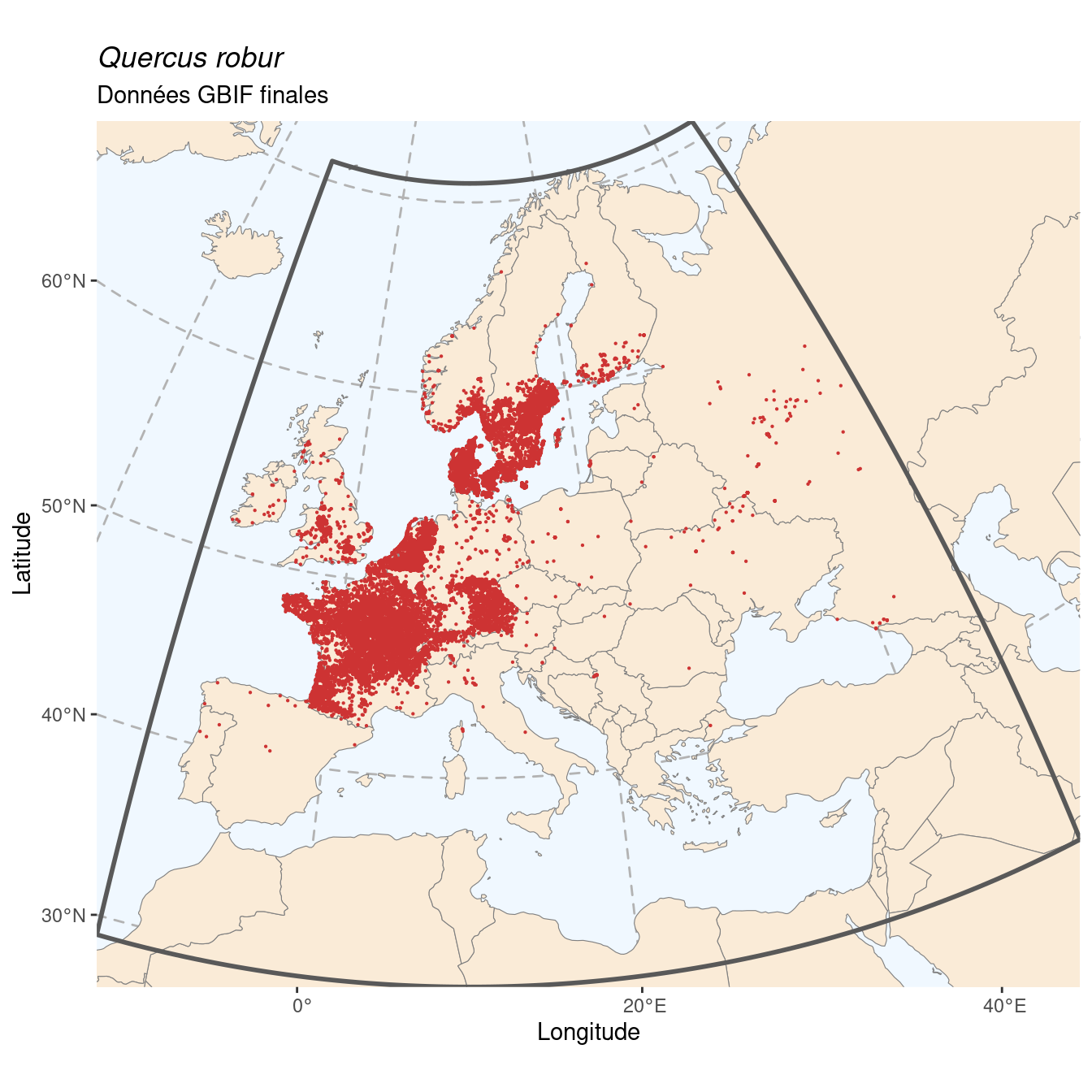Occurrence de Quercus robur dans la région d'endémisme après sous-échantillonnage éventuel.