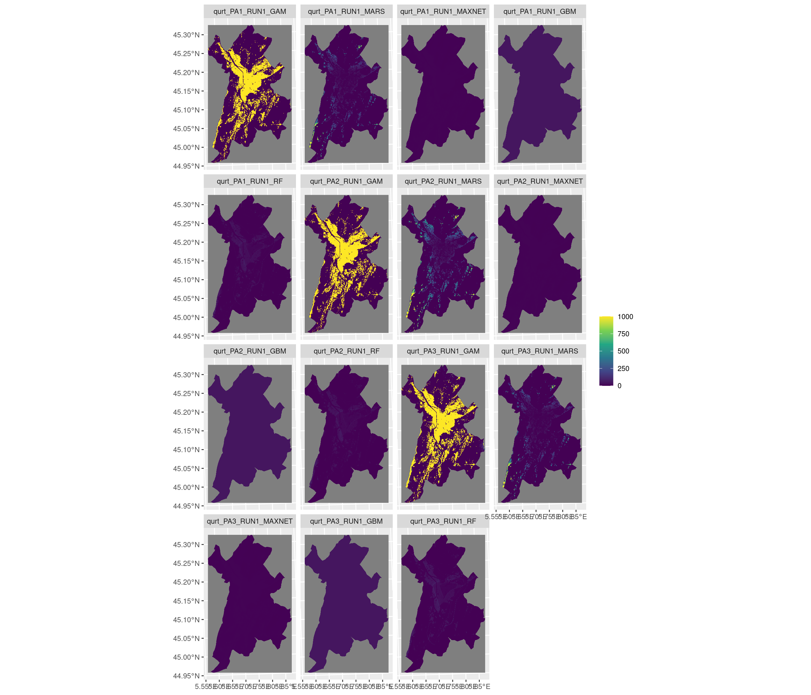 Projection de la distribution potentielle contemporaine sur la métropole de Grenoble, selon les 6 algorithmes et les 3 runs.
