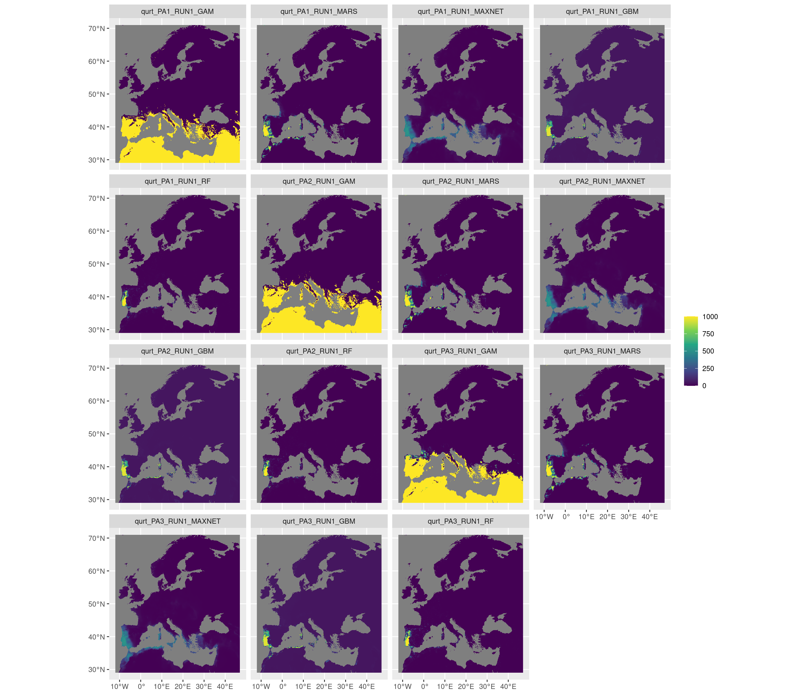 Projection de la distribution potentielle contemporaine sur l'Europe, selon les 6 algorithmes et les 3 runs.