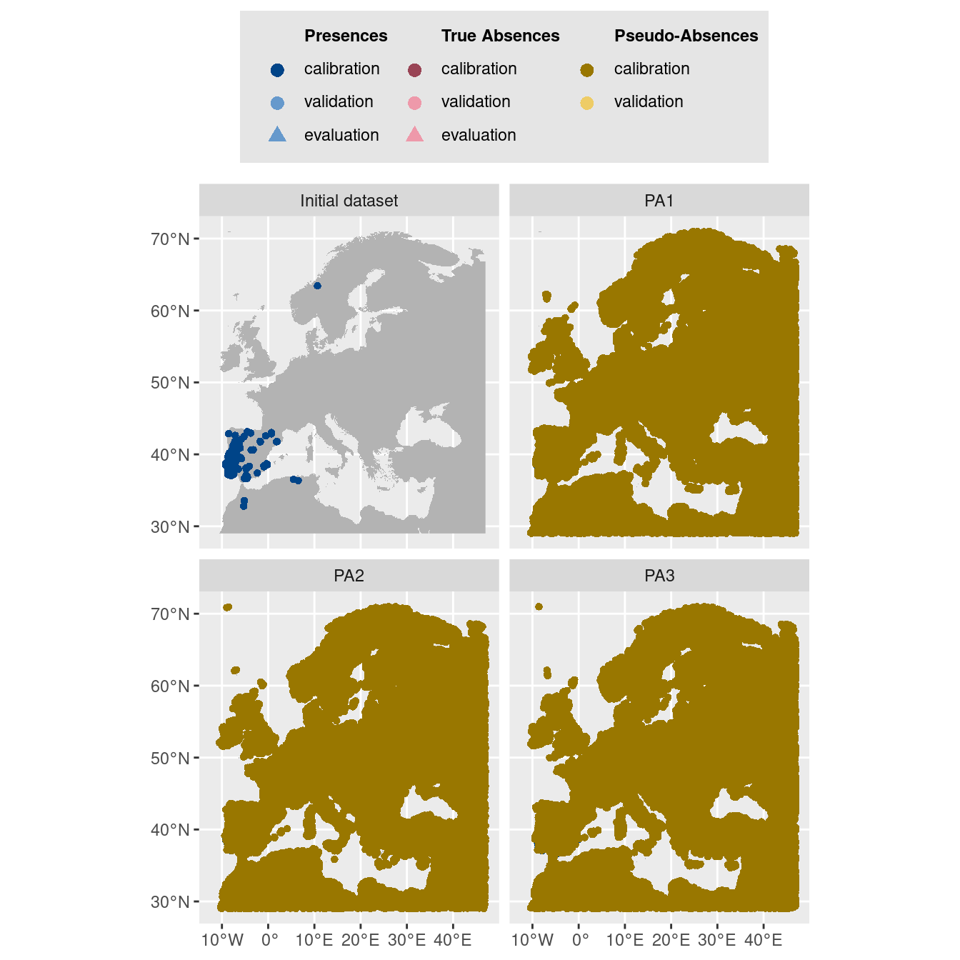 Les données d'occurrences (en haut à gauche) et les trois jeux de données aléatoires de pseudo-absences.