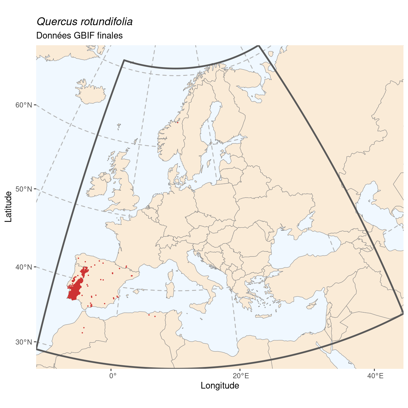 Occurrence de Quercus rotundifolia dans la région d'endémisme après sous-échantillonnage éventuel.