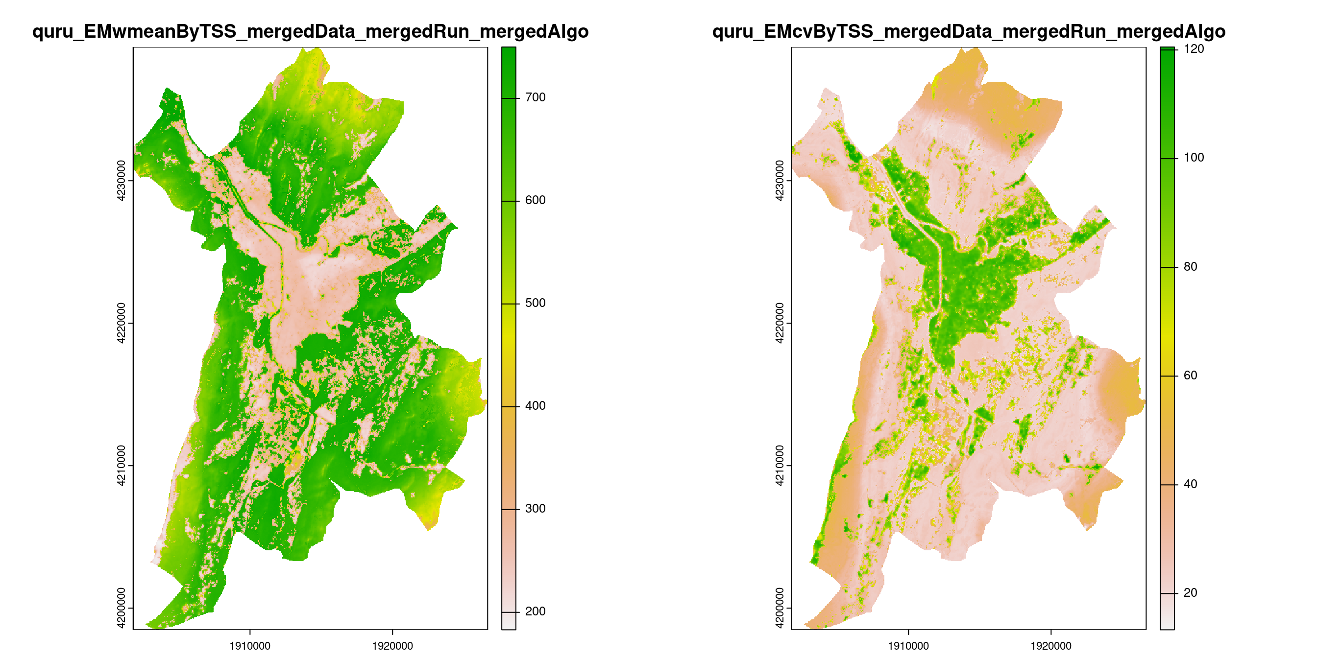 A) Projection de la distribution potentielle contemporaine (modèle d'ensemble) sur la métropole de Grenoble ; B) Incertitude associée à la projection.