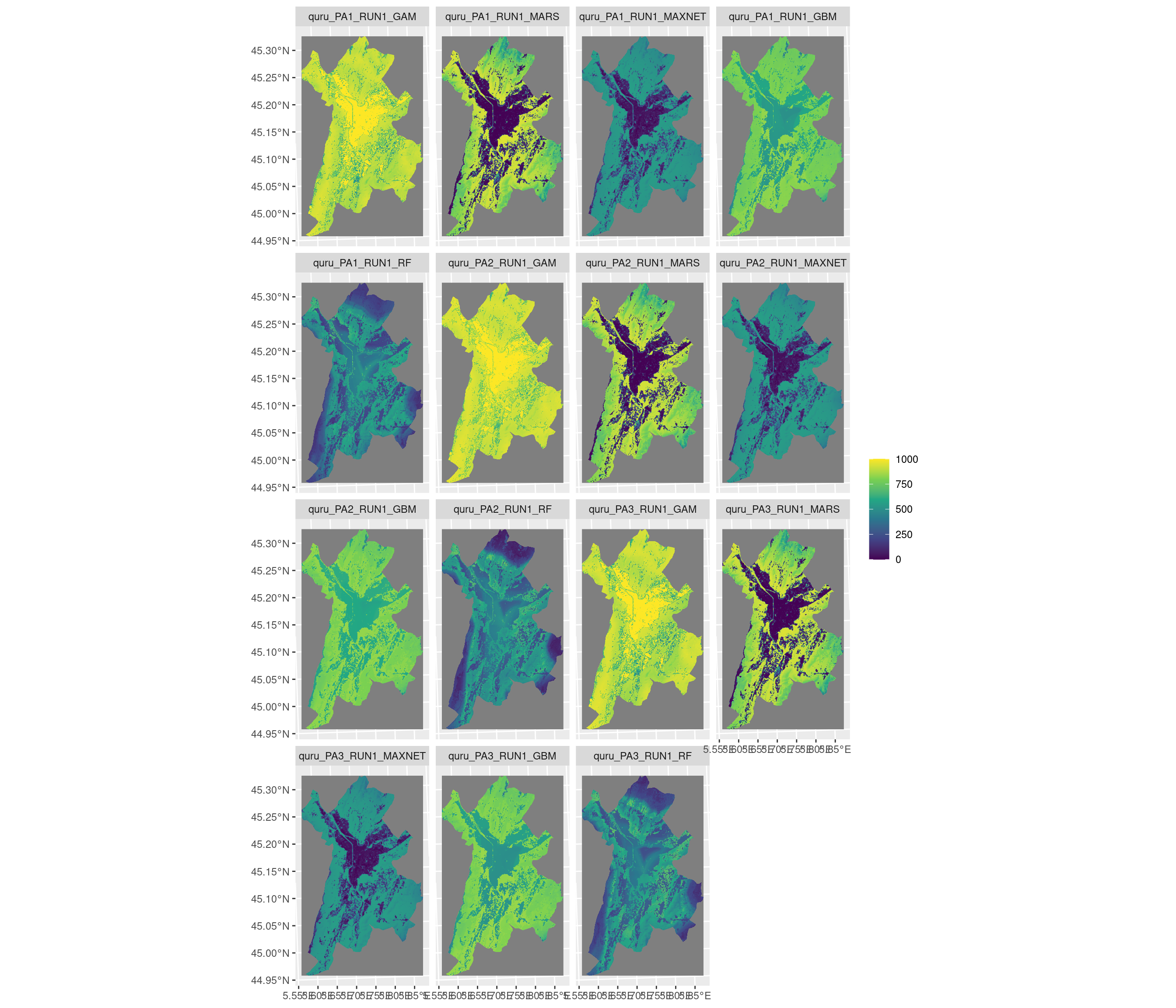 Projection de la distribution potentielle contemporaine sur la métropole de Grenoble, selon les 6 algorithmes et les 3 runs.