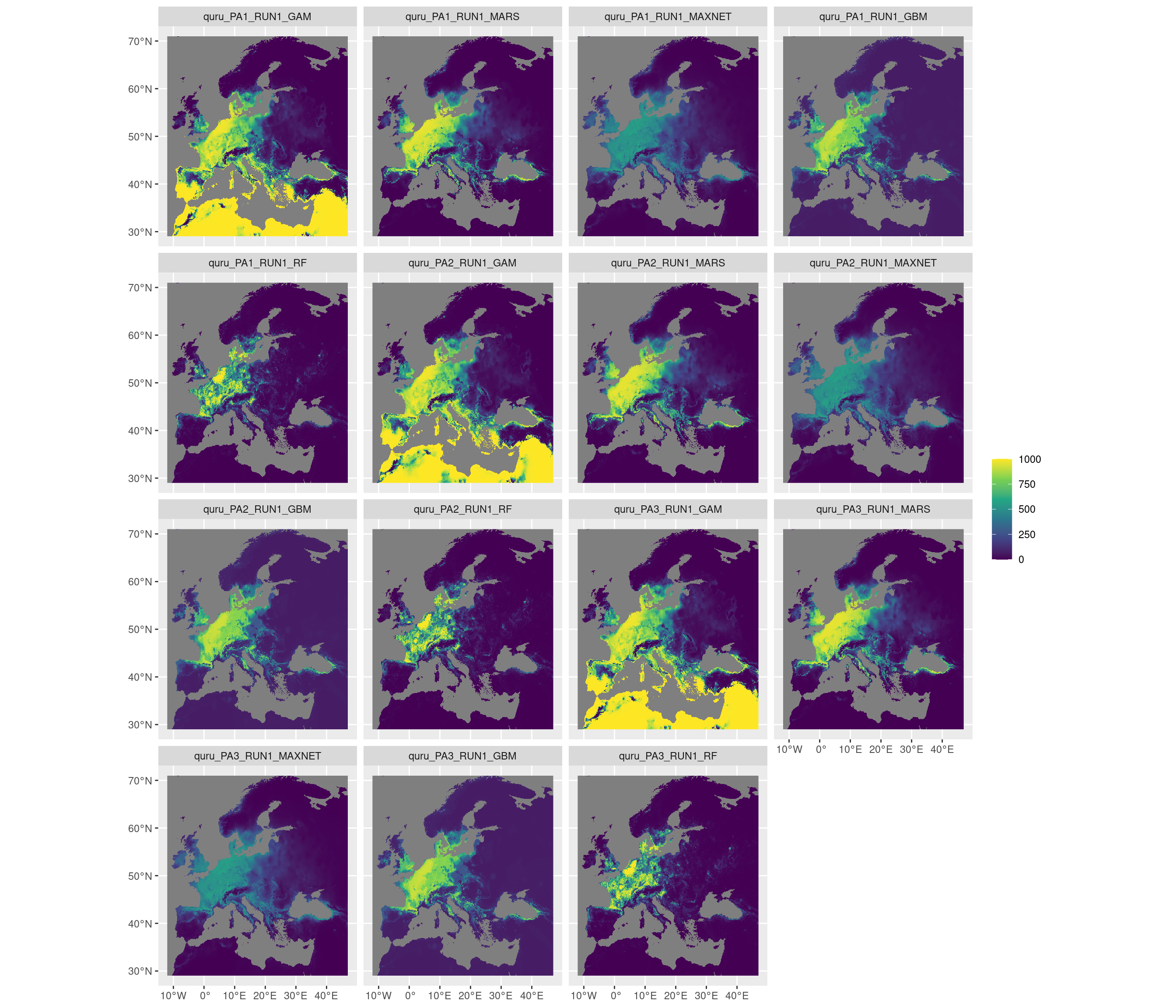Projection de la distribution potentielle contemporaine sur l'Europe, selon les 6 algorithmes et les 3 runs.