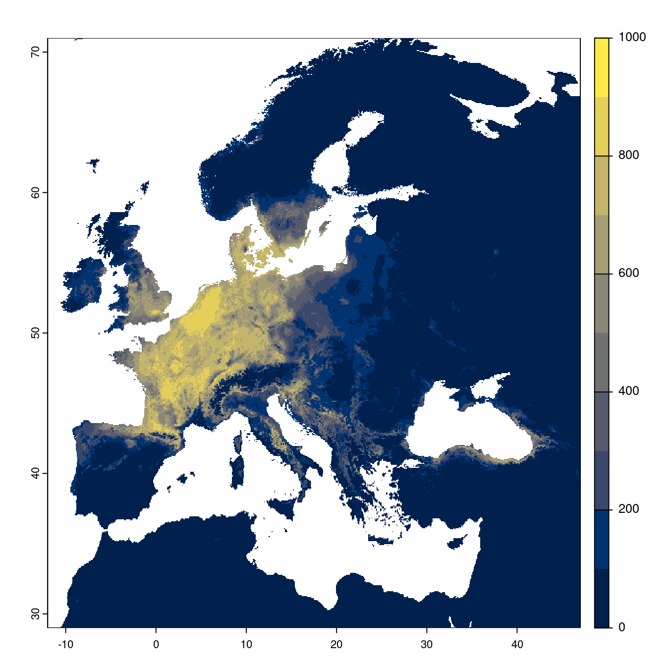Projection des distributions potentielles futures jusqu'à l'horizon 2100 sous le scénario SSP2-4.5 (modèle d'ensemble).