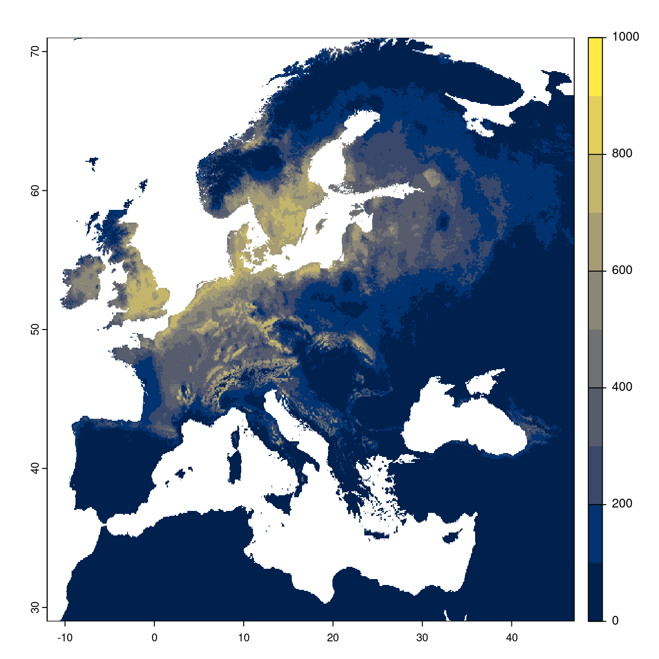 Projection des distributions potentielles futures jusqu'à l'horizon 2100 sous le scénario SSP2-4.5 (modèle d'ensemble).