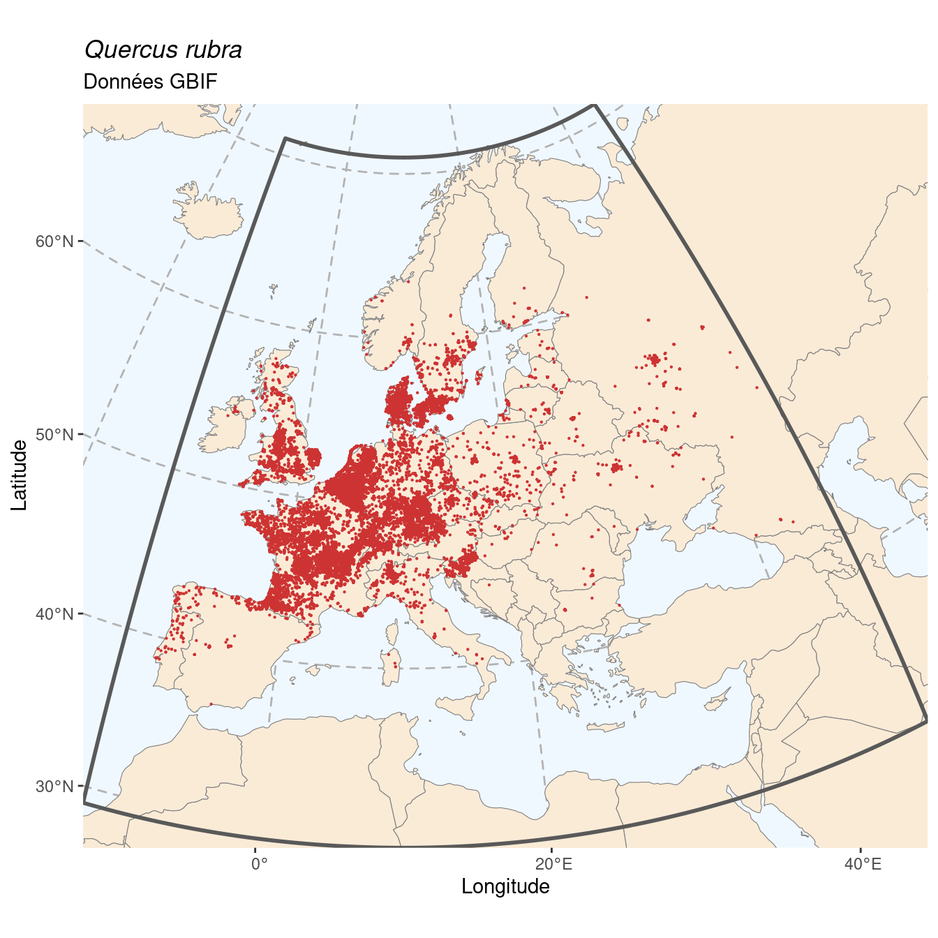 Occurrence de Quercus rubra dans la région d'endémisme.