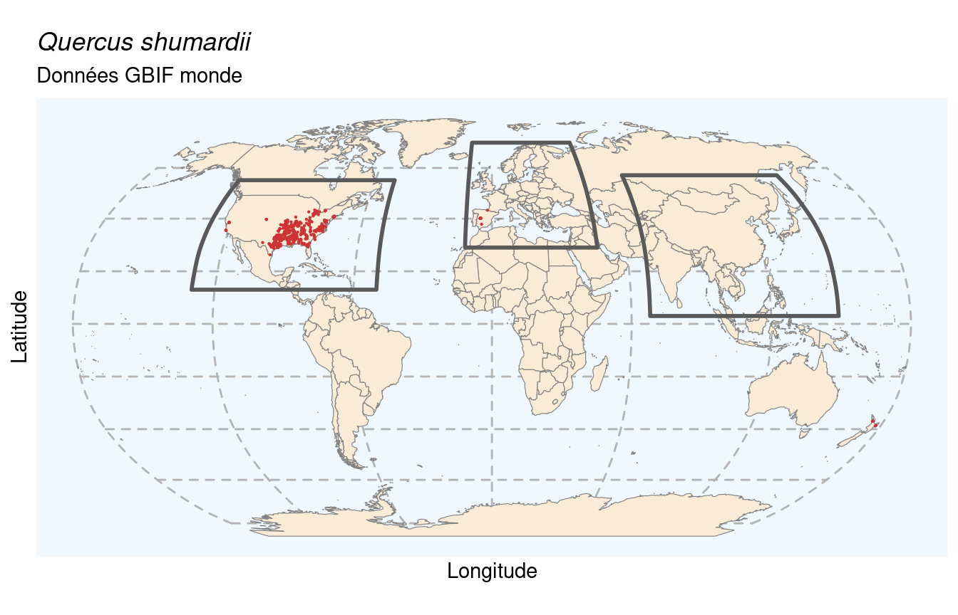 Occurrences de Quercus shumardii dans le monde.