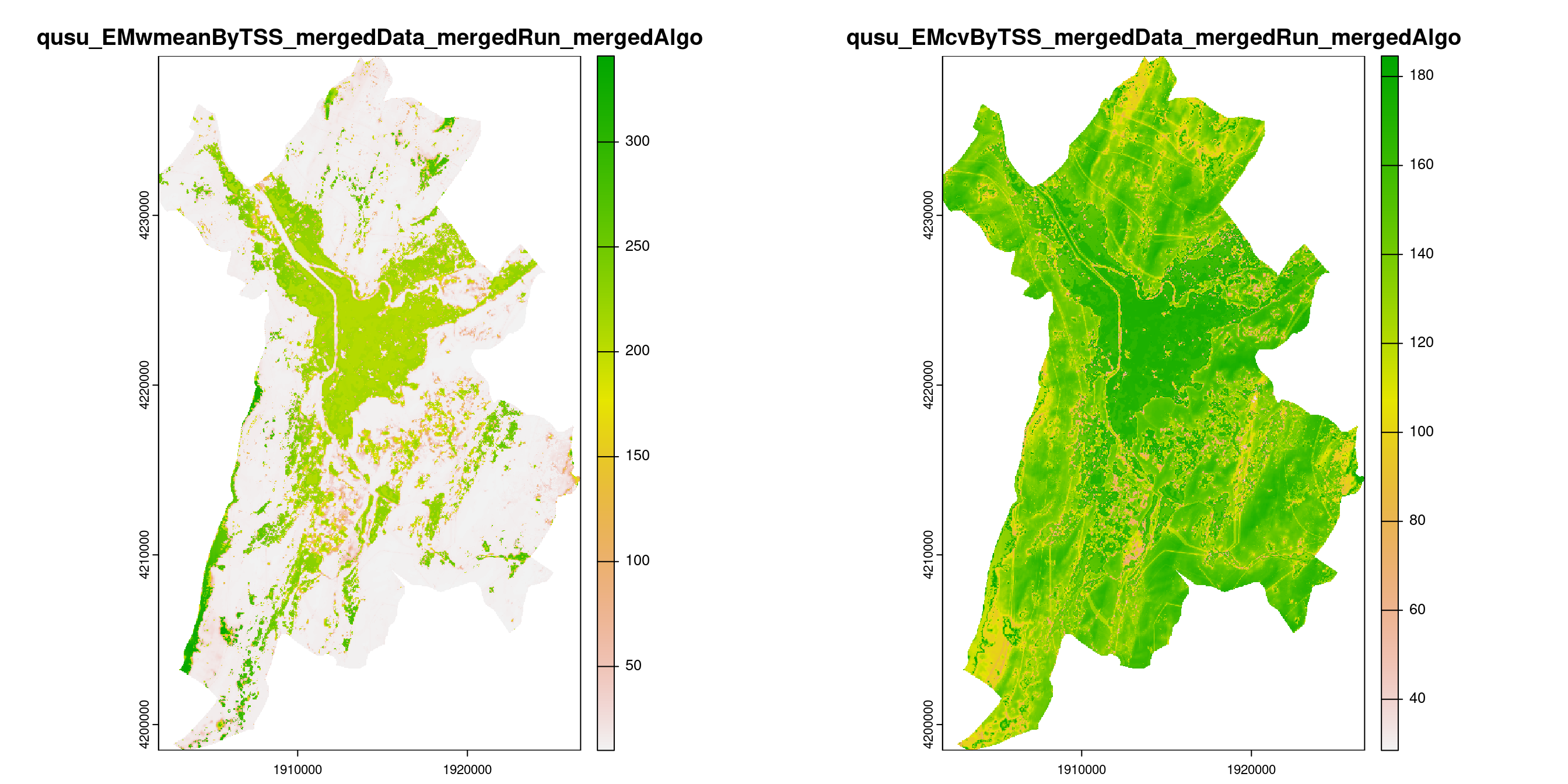 A) Projection de la distribution potentielle contemporaine (modèle d'ensemble) sur la métropole de Grenoble ; B) Incertitude associée à la projection.
