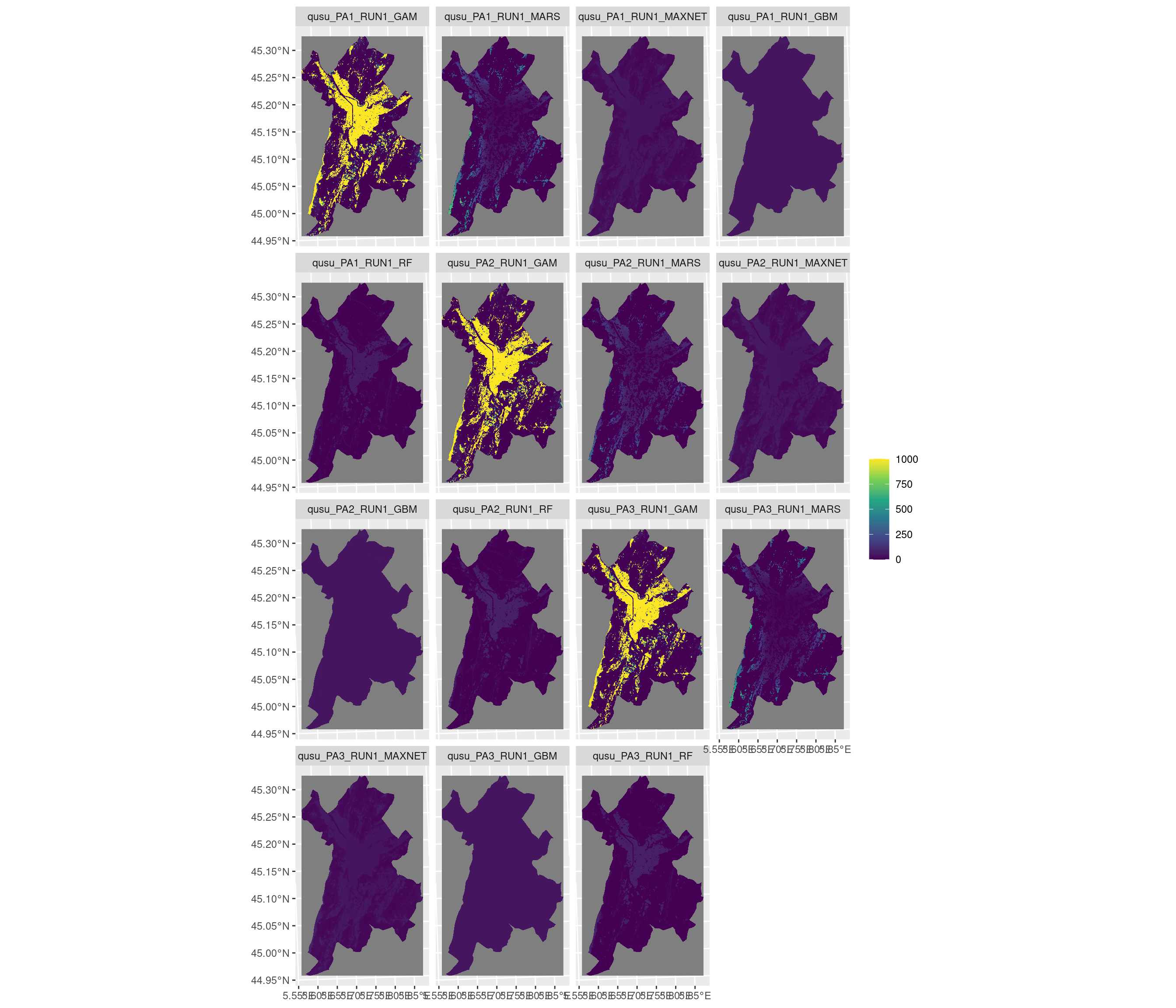 Projection de la distribution potentielle contemporaine sur la métropole de Grenoble, selon les 6 algorithmes et les 3 runs.