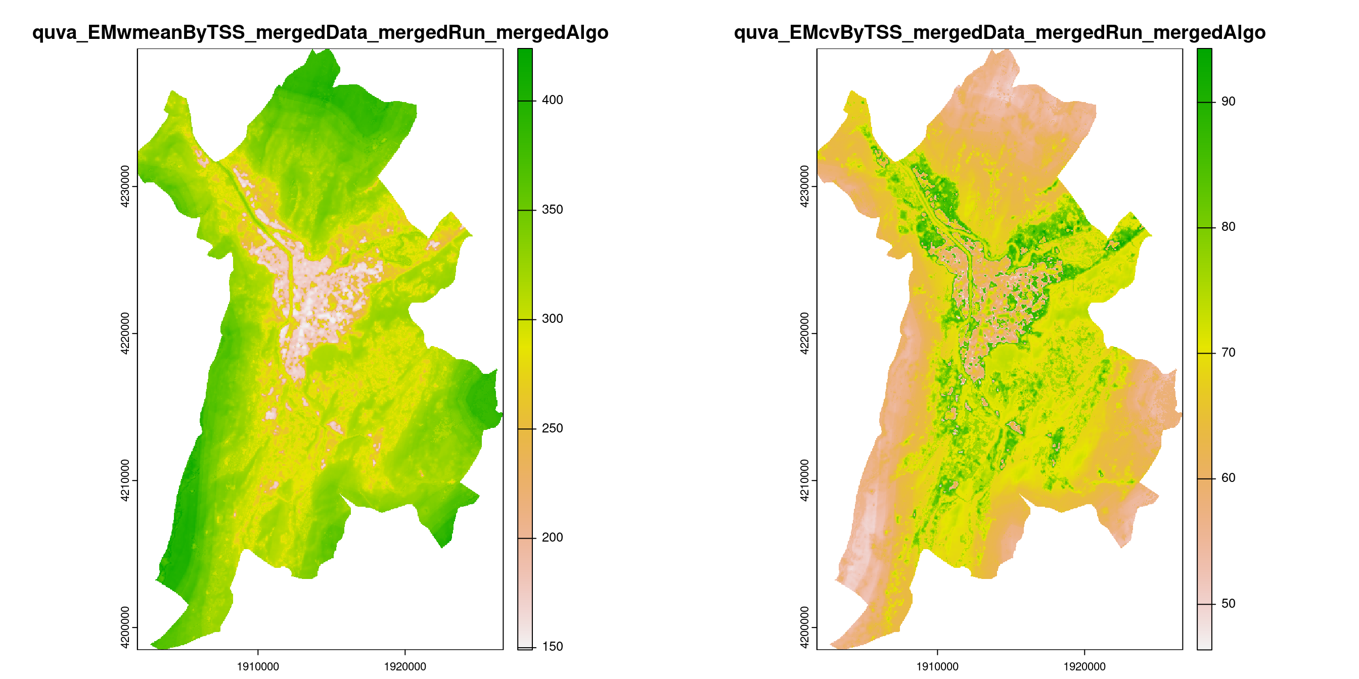 A) Projection de la distribution potentielle contemporaine (modèle d'ensemble) sur la métropole de Grenoble ; B) Incertitude associée à la projection.