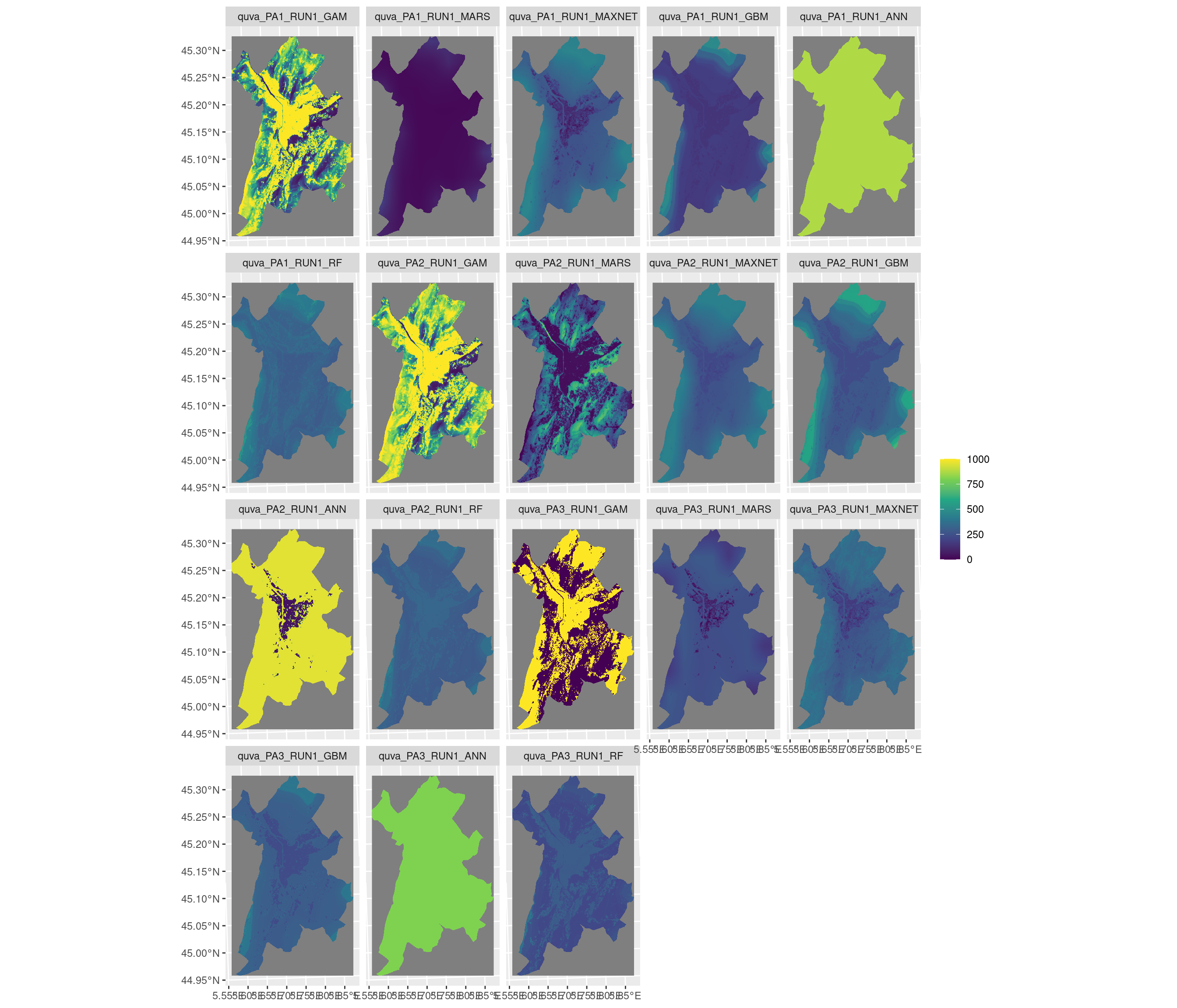 Projection de la distribution potentielle contemporaine sur la métropole de Grenoble, selon les 6 algorithmes et les 3 runs.