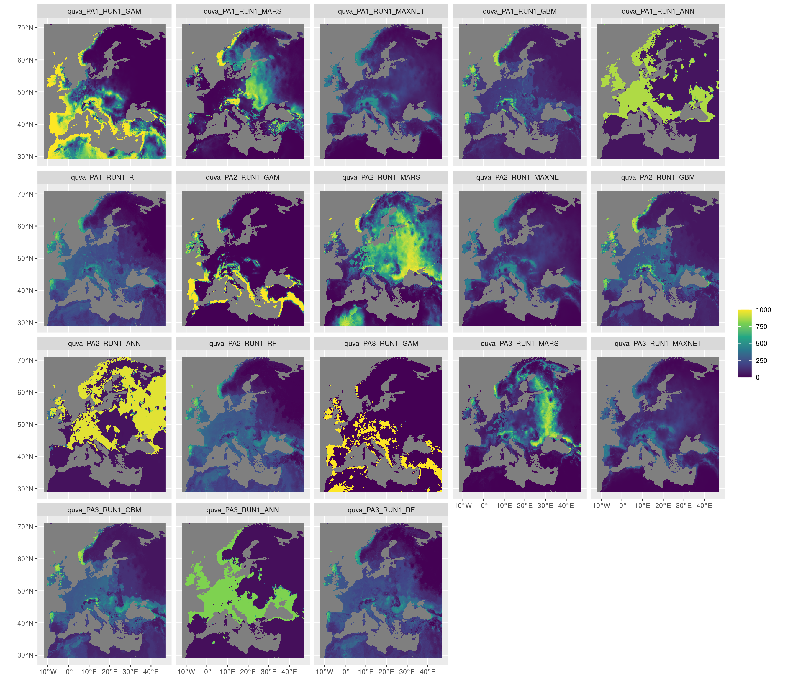 Projection de la distribution potentielle contemporaine sur l'Europe, selon les 6 algorithmes et les 3 runs.