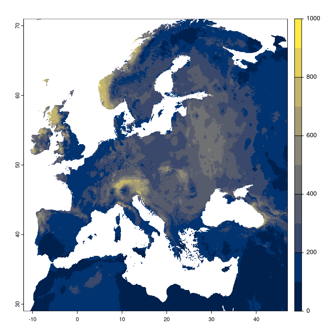 Projection des distributions potentielles futures jusqu'à l'horizon 2100 sous le scénario SSP1-2.6 (modèle d'ensemble).