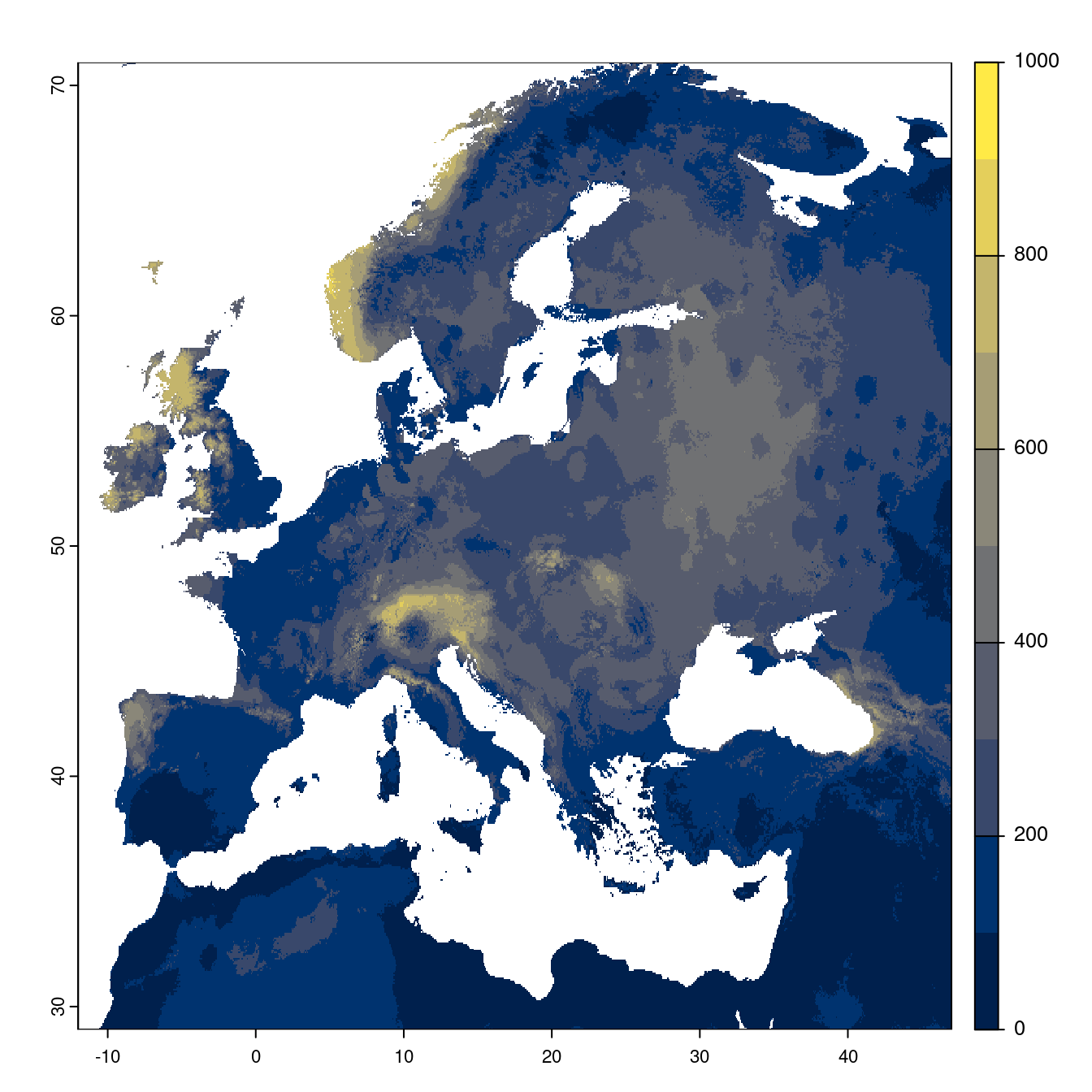 Projection des distributions potentielles futures jusqu'à l'horizon 2100 sous le scénario SSP1-2.6 (modèle d'ensemble).