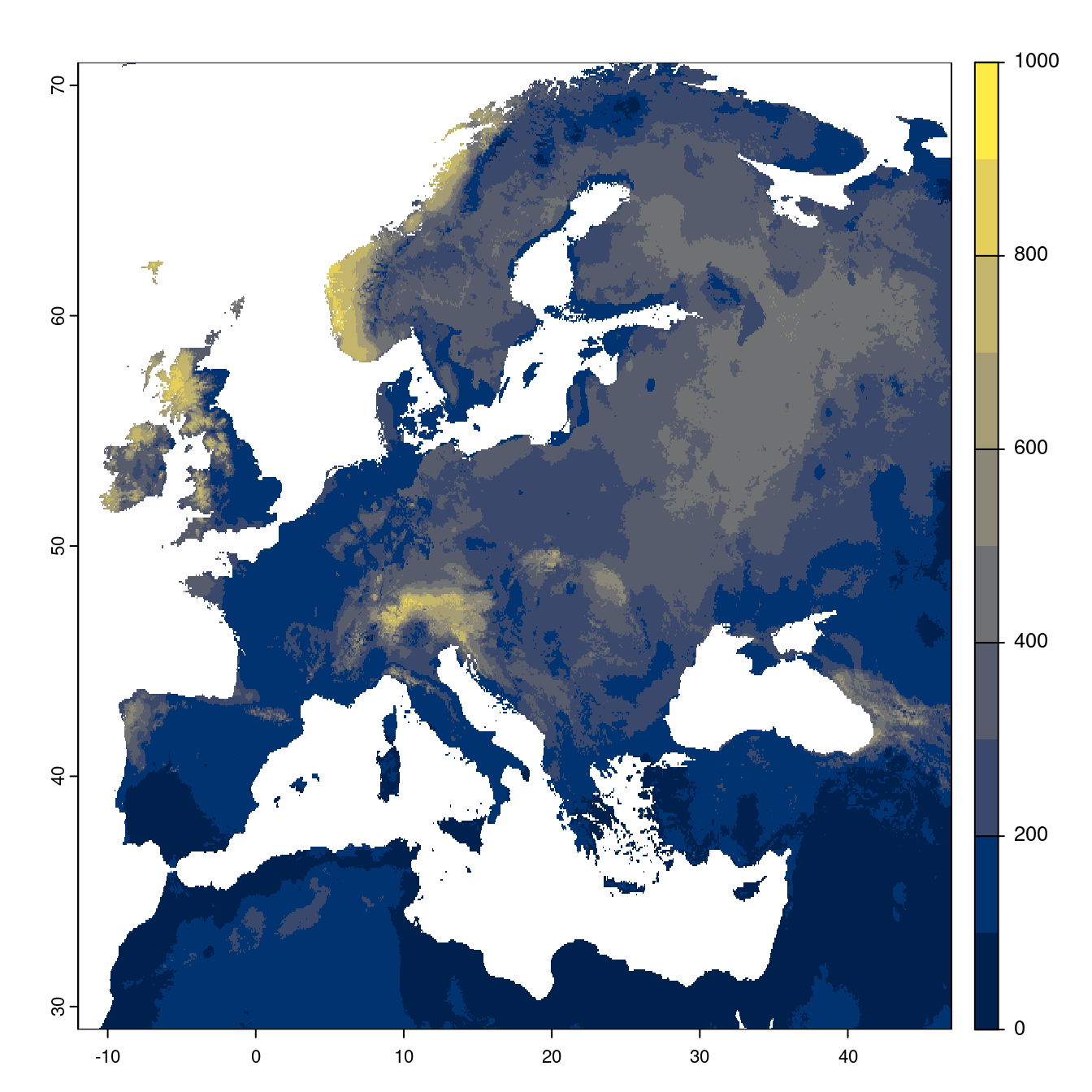 Projection des distributions potentielles futures jusqu'à l'horizon 2100 sous le scénario SSP3-7.0 (modèle d'ensemble).