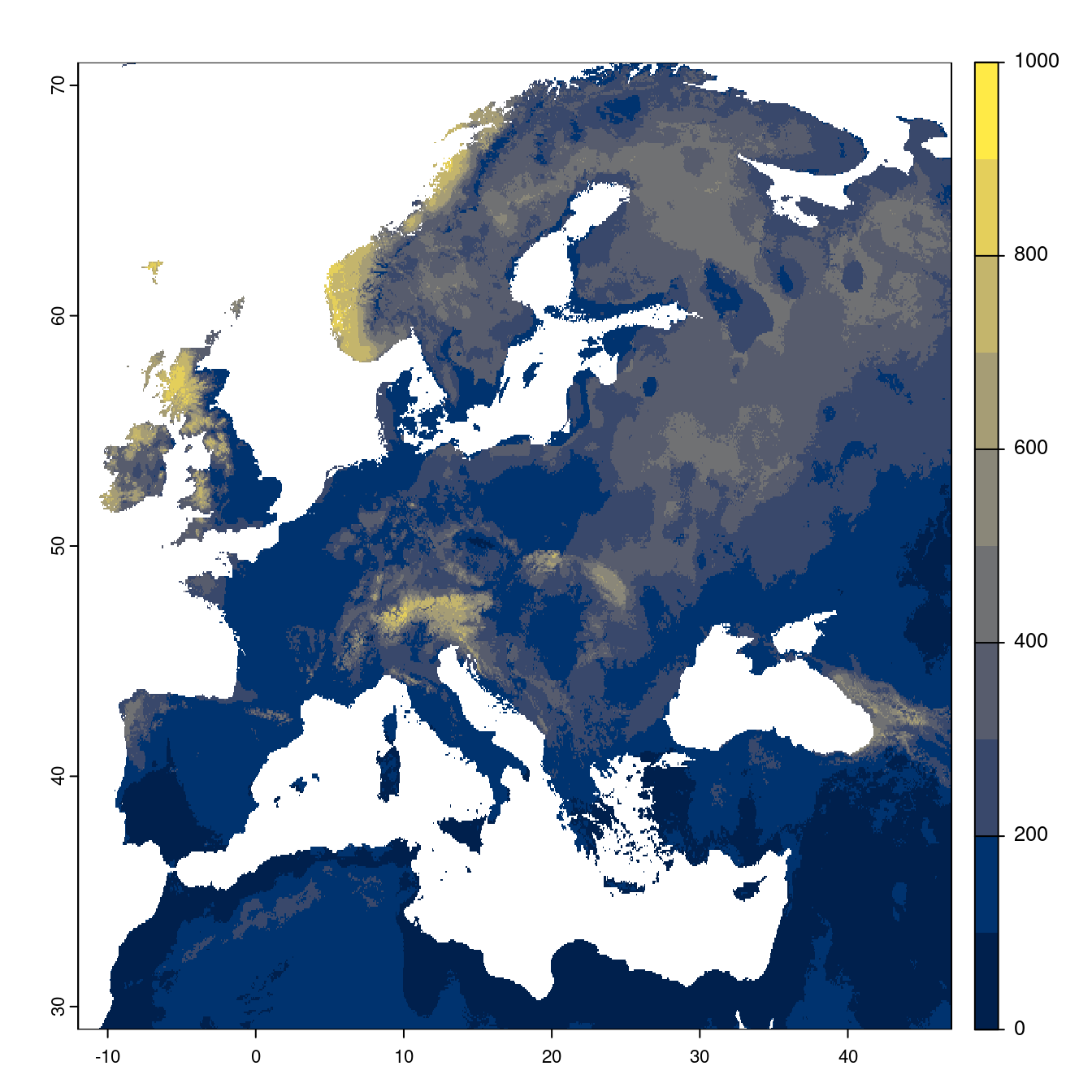Projection des distributions potentielles futures jusqu'à l'horizon 2100 sous le scénario SSP3-7.0 (modèle d'ensemble).