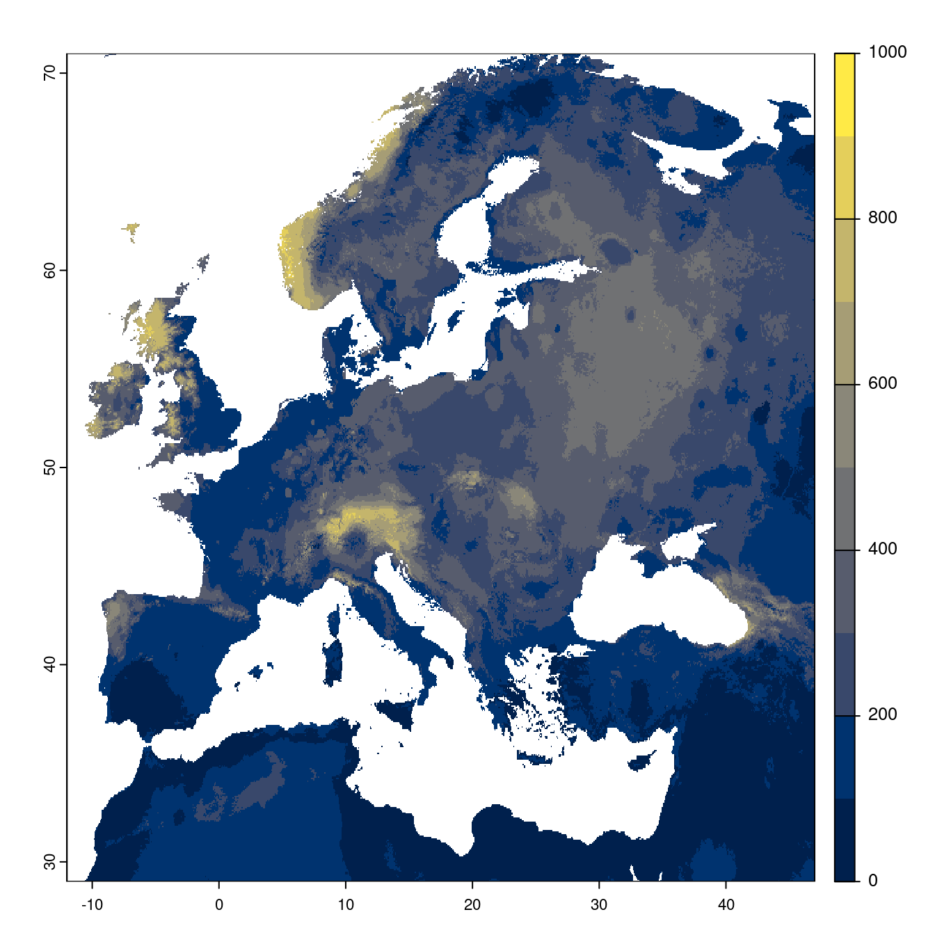 Projection des distributions potentielles futures jusqu'à l'horizon 2100 sous le scénario SSP5-8.5 (modèle d'ensemble).