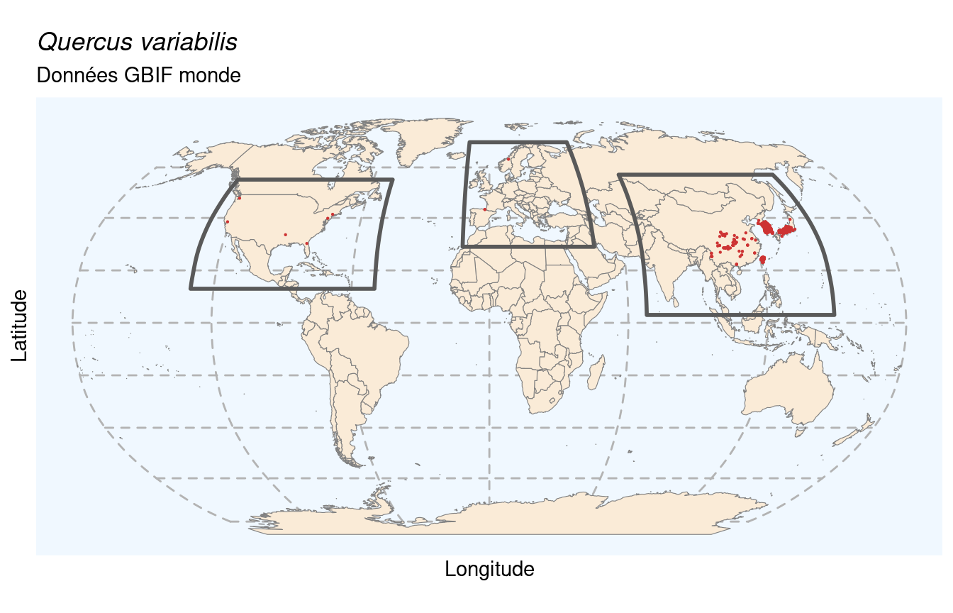 Occurrences de Quercus variabilis dans le monde.