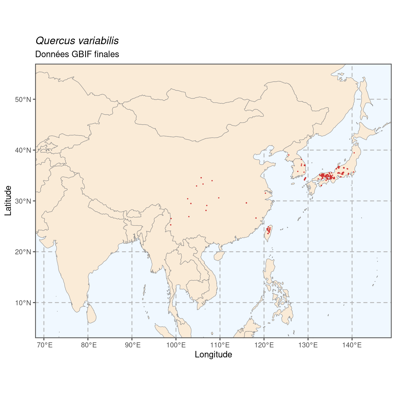 Occurrence de Quercus variabilis dans la région d'endémisme après sous-échantillonnage éventuel.