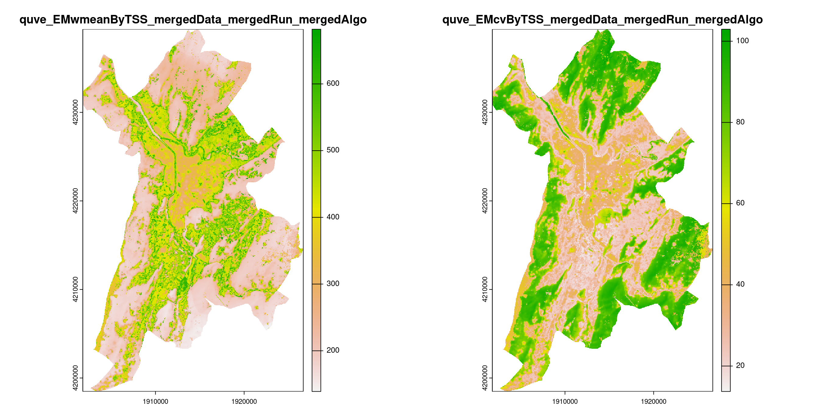 A) Projection de la distribution potentielle contemporaine (modèle d'ensemble) sur la métropole de Grenoble ; B) Incertitude associée à la projection.