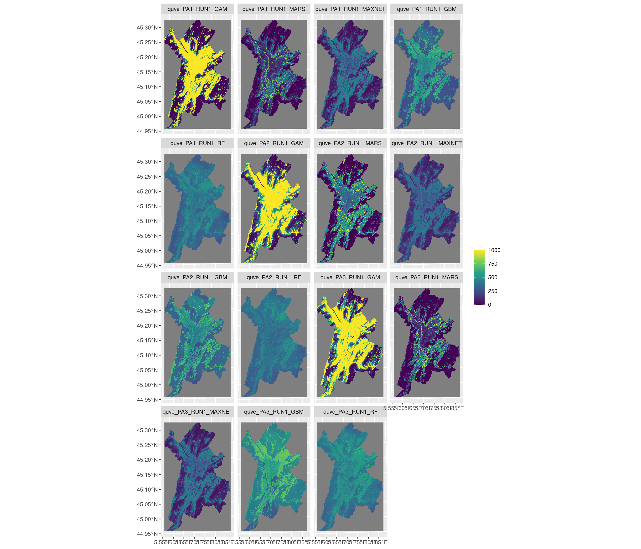 Projection de la distribution potentielle contemporaine sur la métropole de Grenoble, selon les 6 algorithmes et les 3 runs.