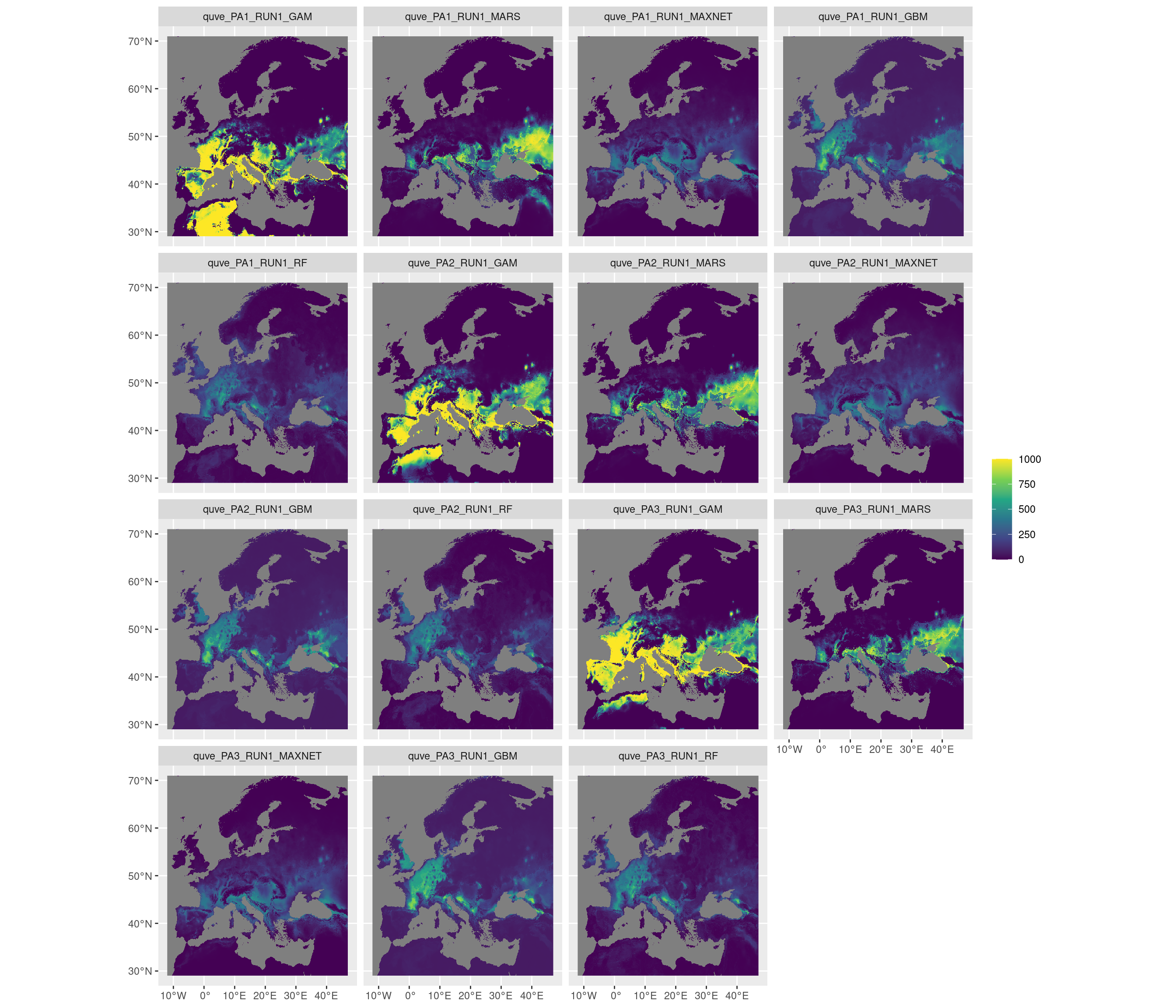 Projection de la distribution potentielle contemporaine sur l'Europe, selon les 6 algorithmes et les 3 runs.