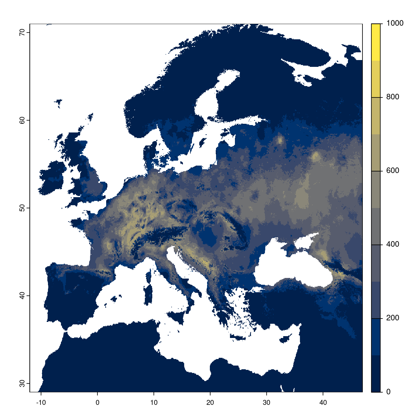 Projection des distributions potentielles futures jusqu'à l'horizon 2100 sous le scénario SSP1-2.6 (modèle d'ensemble).