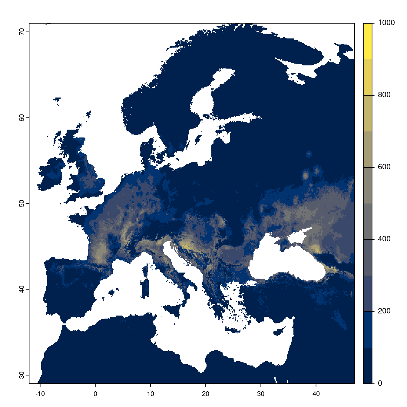 Projection des distributions potentielles futures jusqu'à l'horizon 2100 sous le scénario SSP3-7.0 (modèle d'ensemble).