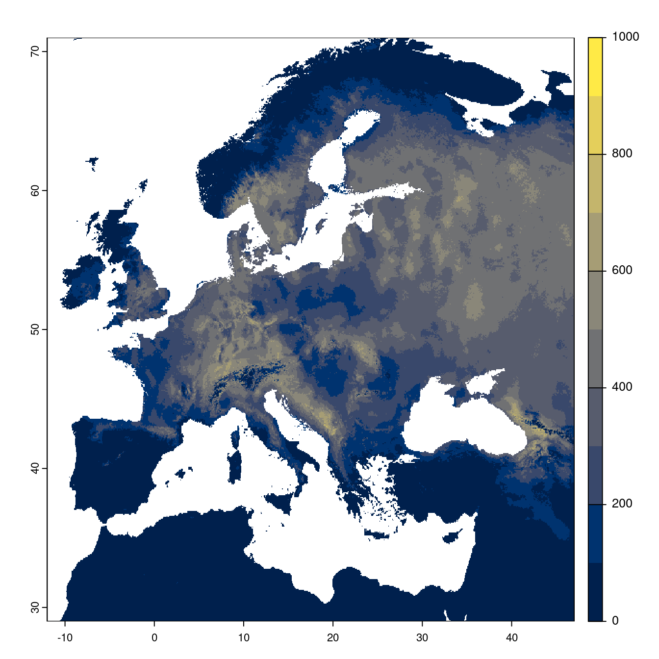 Projection des distributions potentielles futures jusqu'à l'horizon 2100 sous le scénario SSP3-7.0 (modèle d'ensemble).