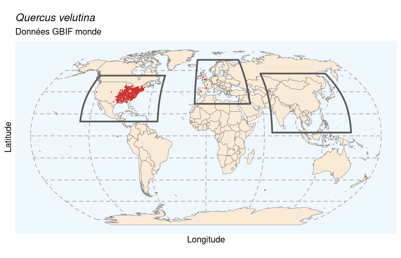 Occurrences de Quercus velutina dans le monde.