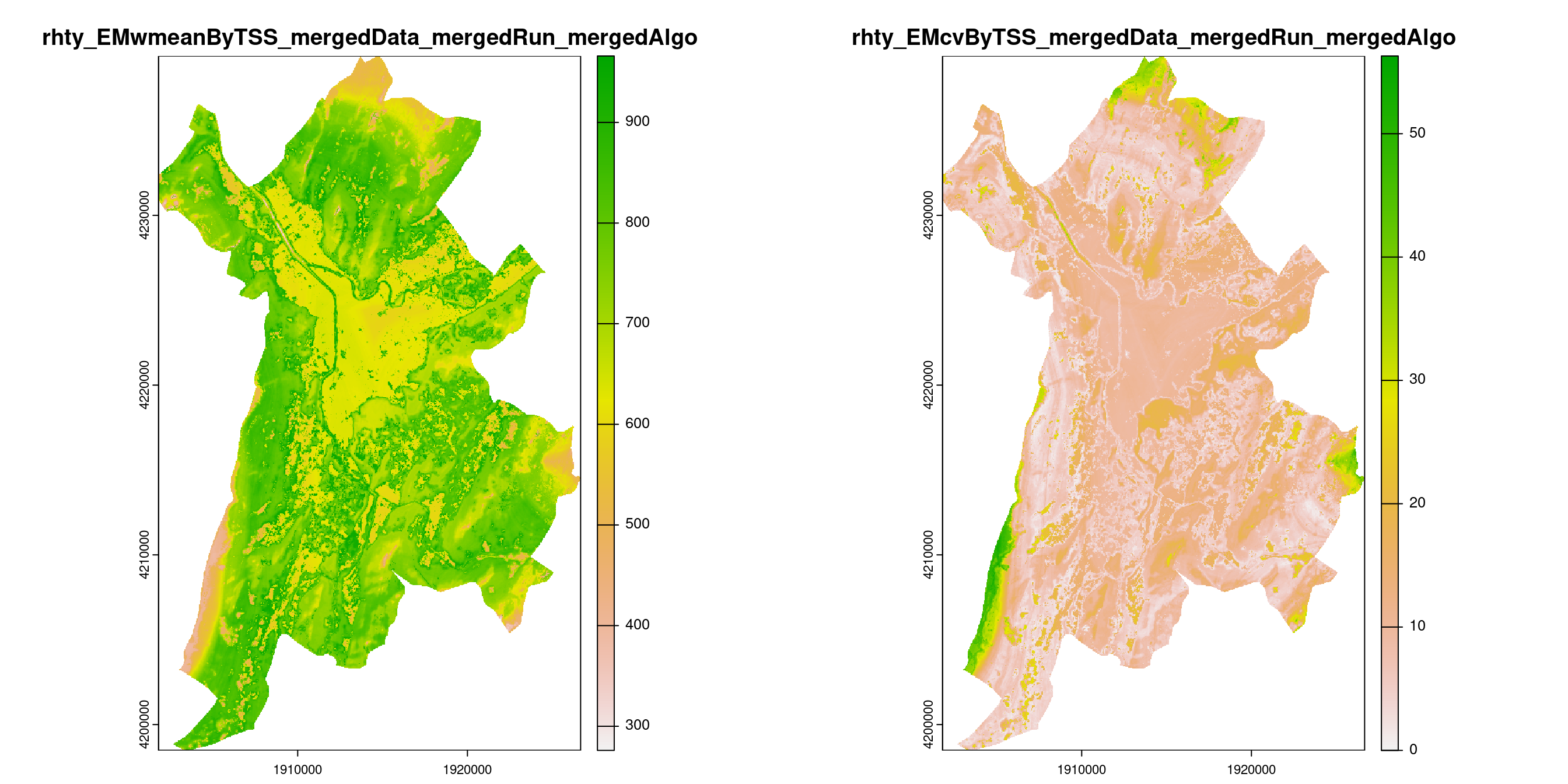 A) Projection de la distribution potentielle contemporaine (modèle d'ensemble) sur la métropole de Grenoble ; B) Incertitude associée à la projection.