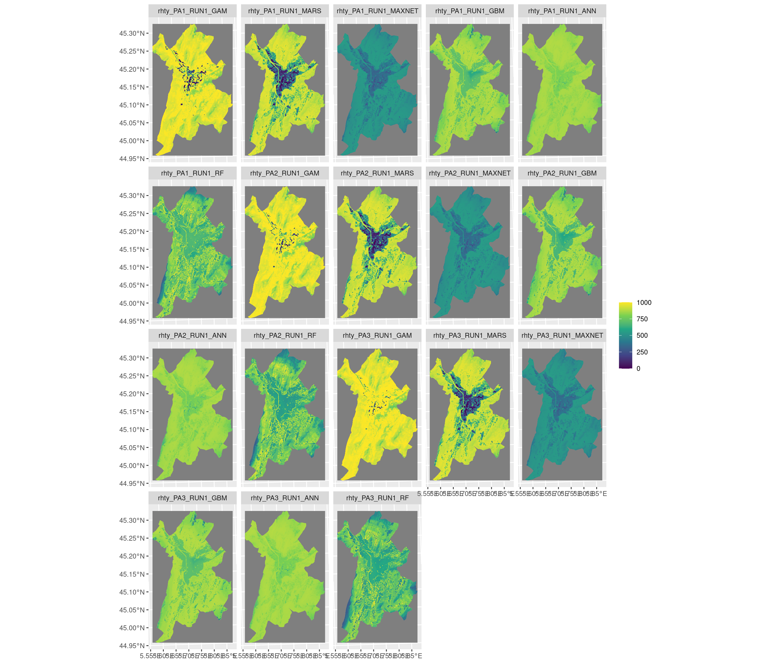 Projection de la distribution potentielle contemporaine sur la métropole de Grenoble, selon les 6 algorithmes et les 3 runs.