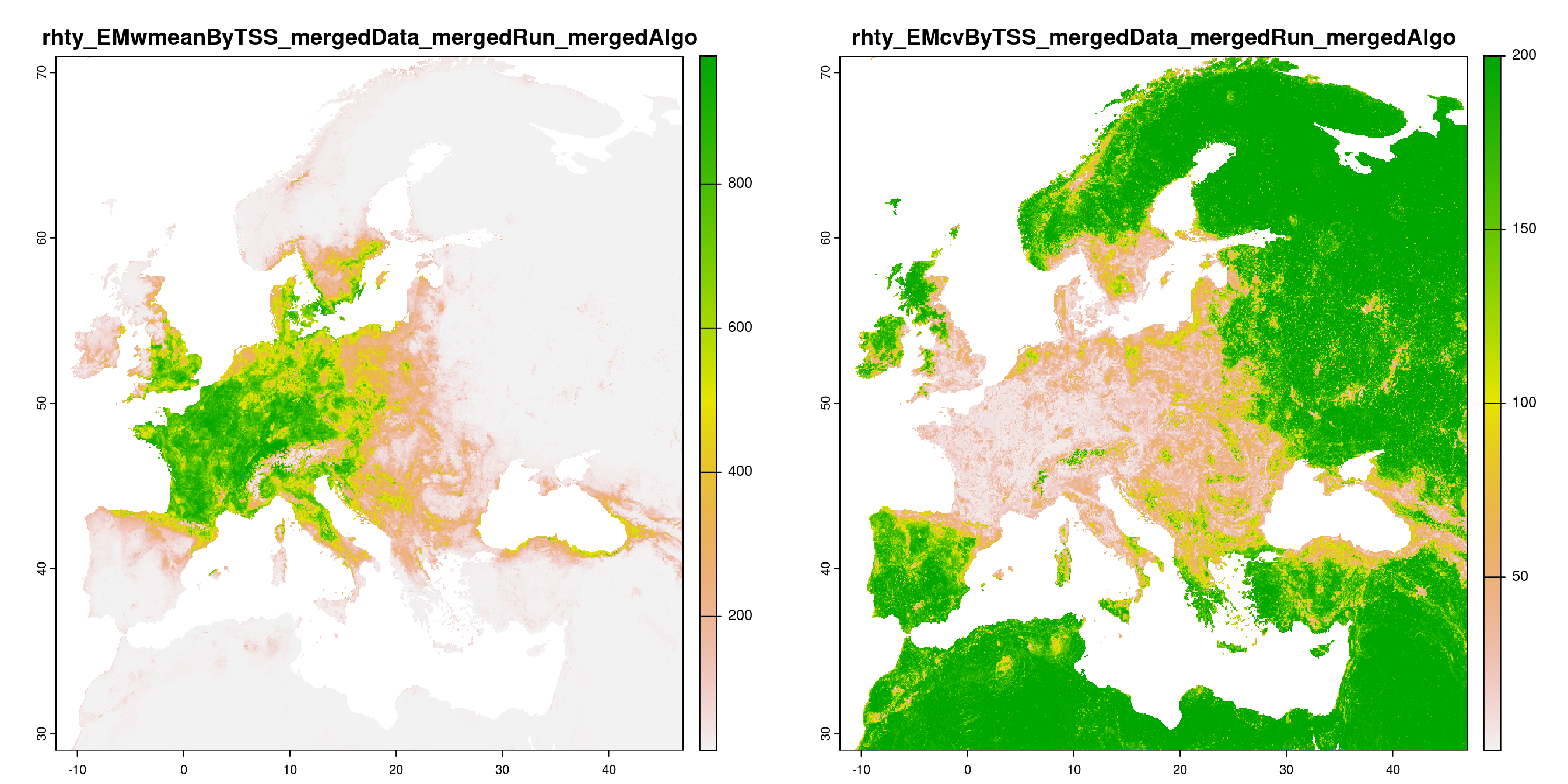 A) Projection de la distribution potentielle contemporaine (modèle d'ensemble) ; B) Incertitude associée à la projection.