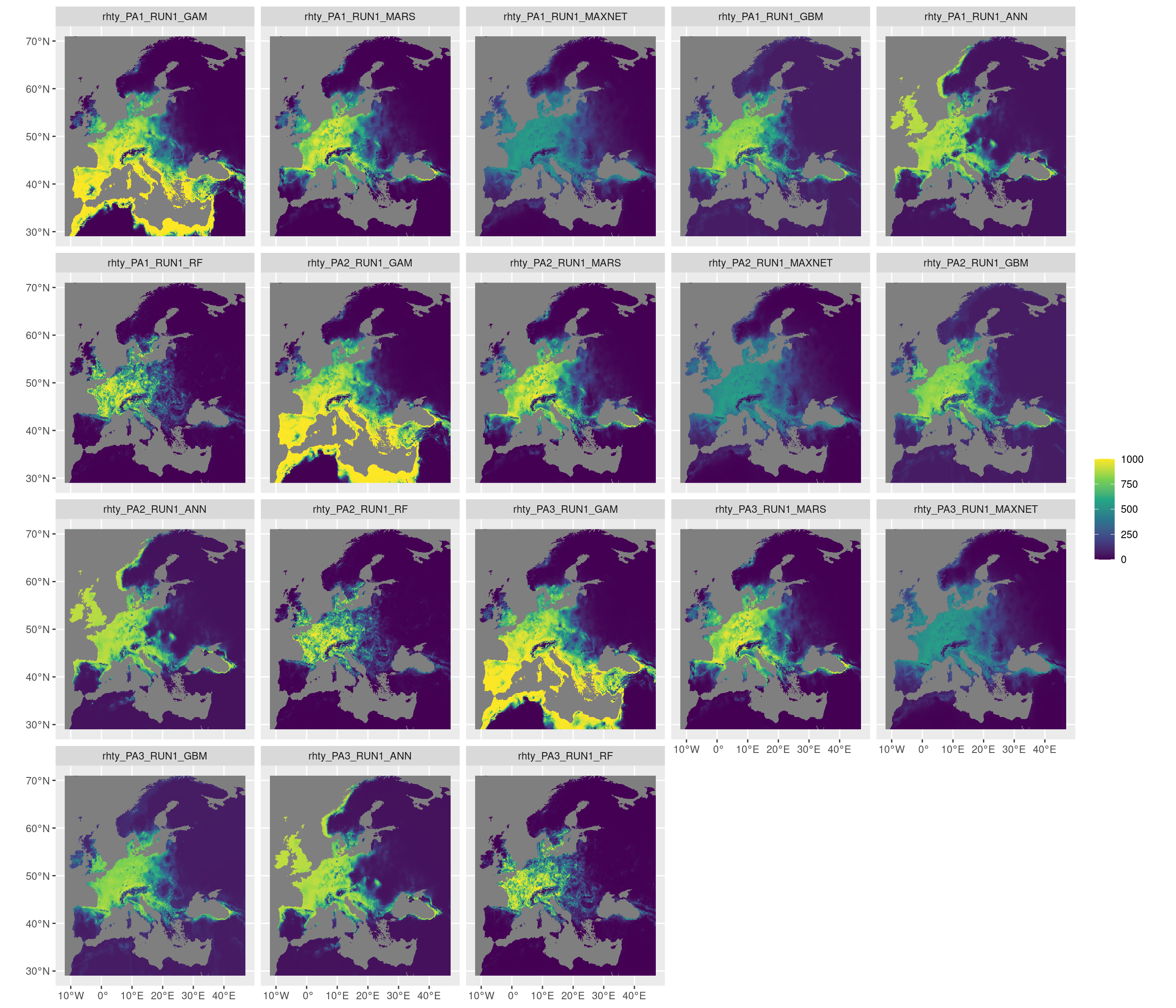Projection de la distribution potentielle contemporaine sur l'Europe, selon les 6 algorithmes et les 3 runs.