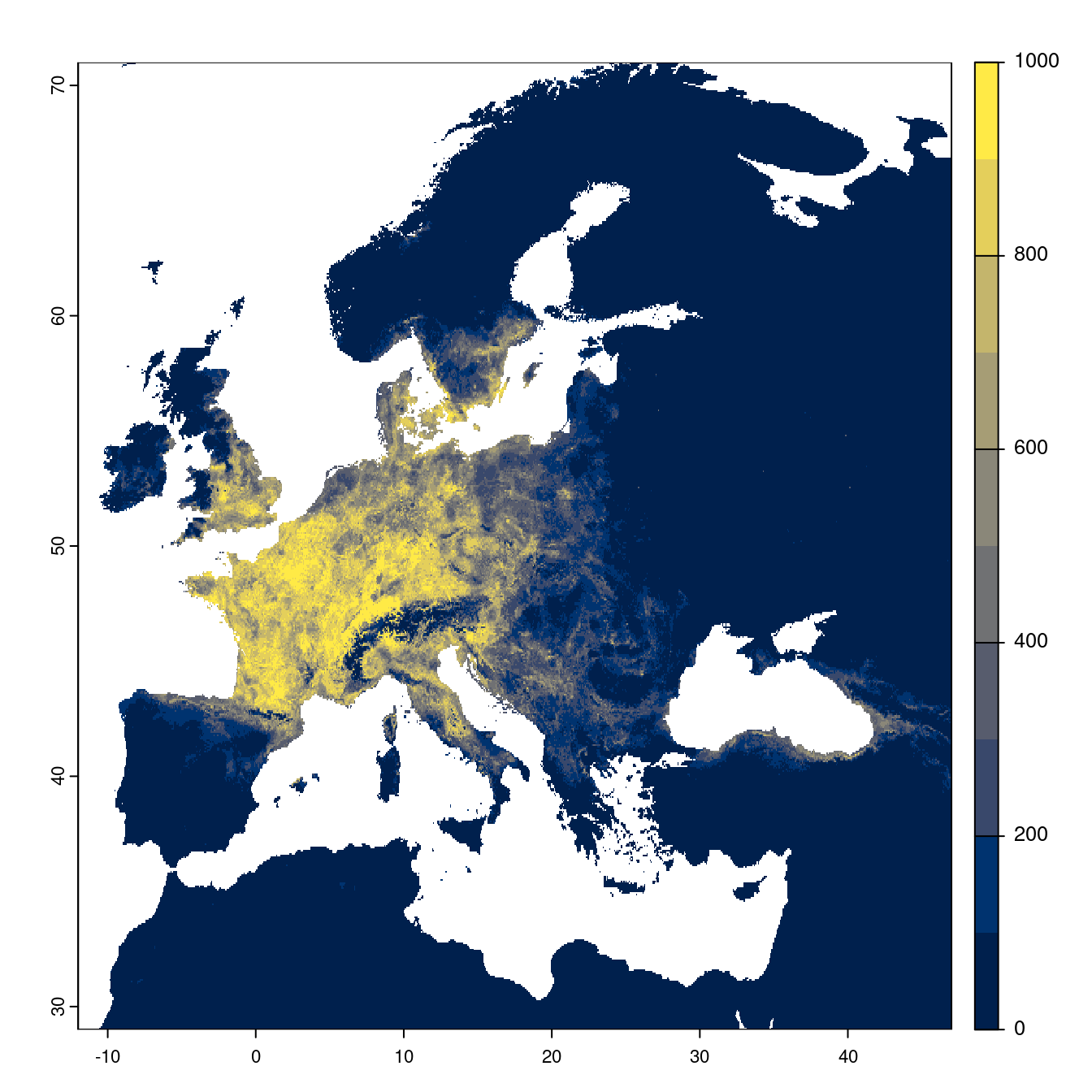 Projection des distributions potentielles futures jusqu'à l'horizon 2100 sous le scénario SSP3-7.0 (modèle d'ensemble).