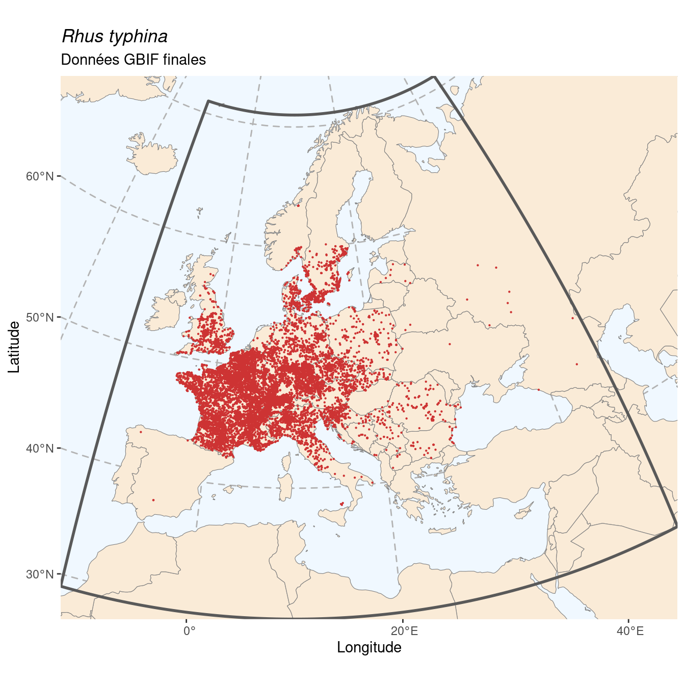 Occurrence de Rhus typhina dans la région d'endémisme après sous-échantillonnage éventuel.