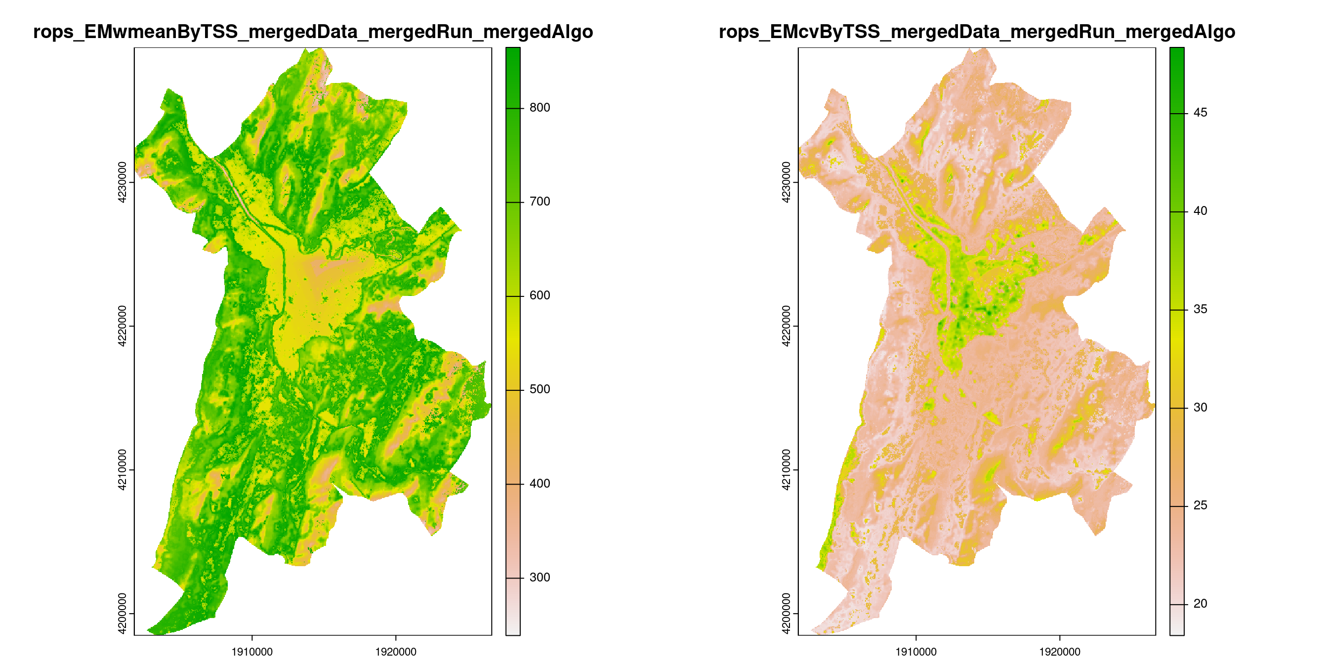 A) Projection de la distribution potentielle contemporaine (modèle d'ensemble) sur la métropole de Grenoble ; B) Incertitude associée à la projection.