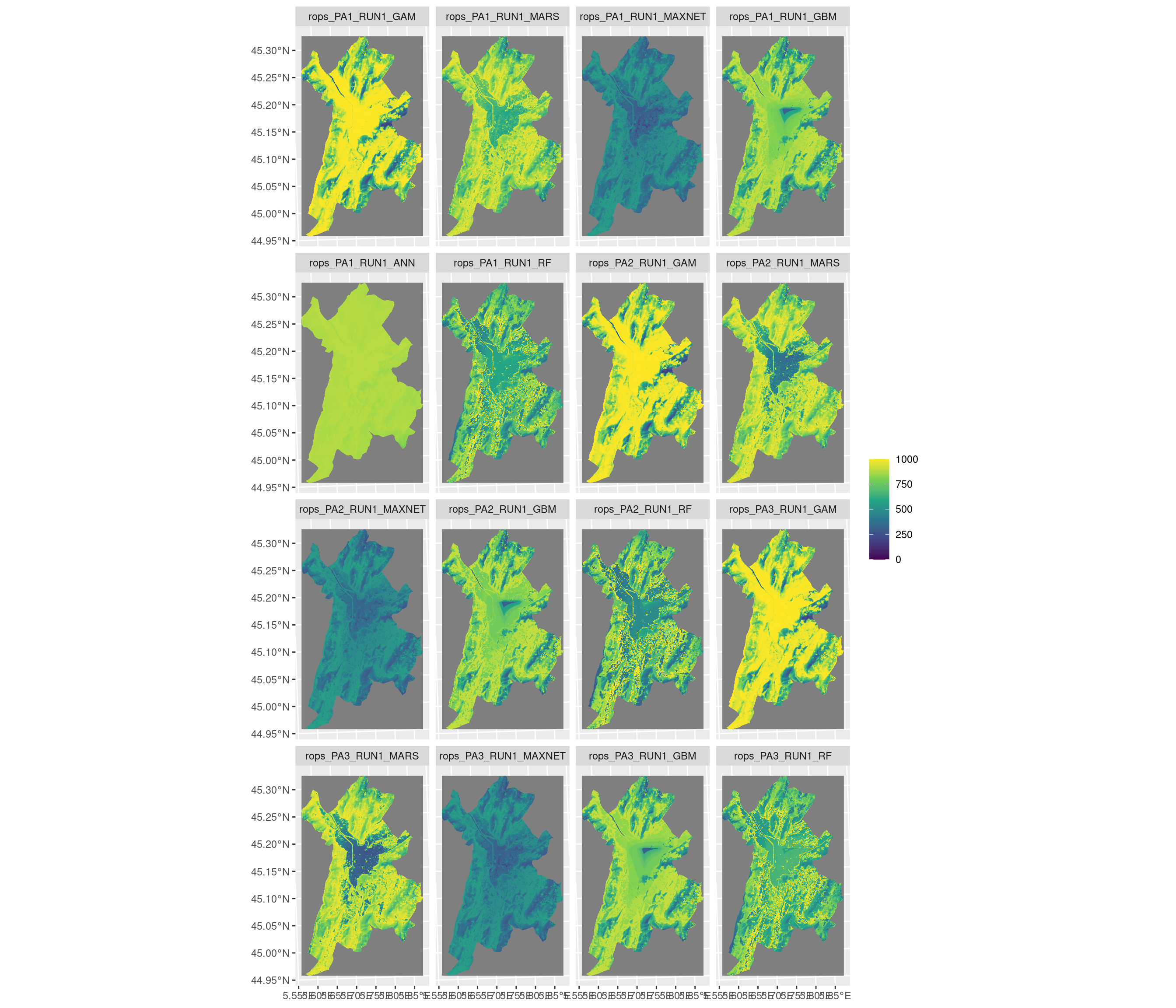 Projection de la distribution potentielle contemporaine sur la métropole de Grenoble, selon les 6 algorithmes et les 3 runs.