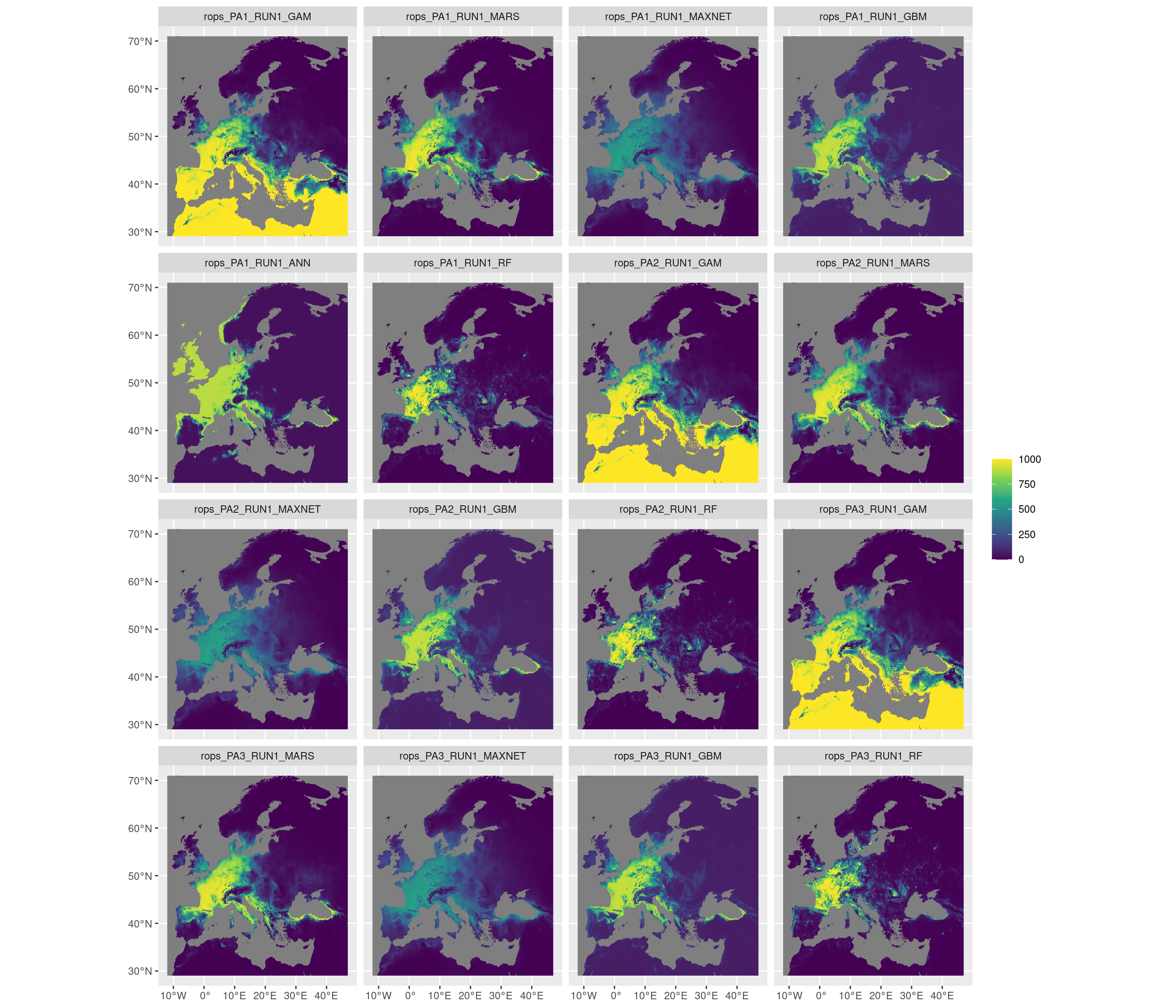 Projection de la distribution potentielle contemporaine sur l'Europe, selon les 6 algorithmes et les 3 runs.