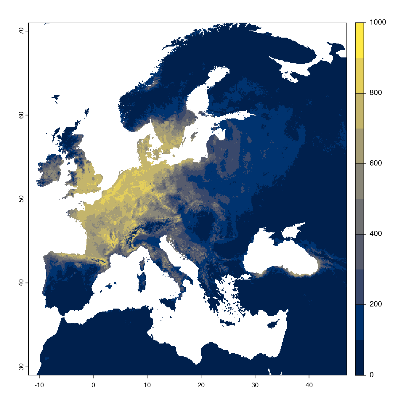 Projection des distributions potentielles futures jusqu'à l'horizon 2100 sous le scénario SSP2-4.5 (modèle d'ensemble).