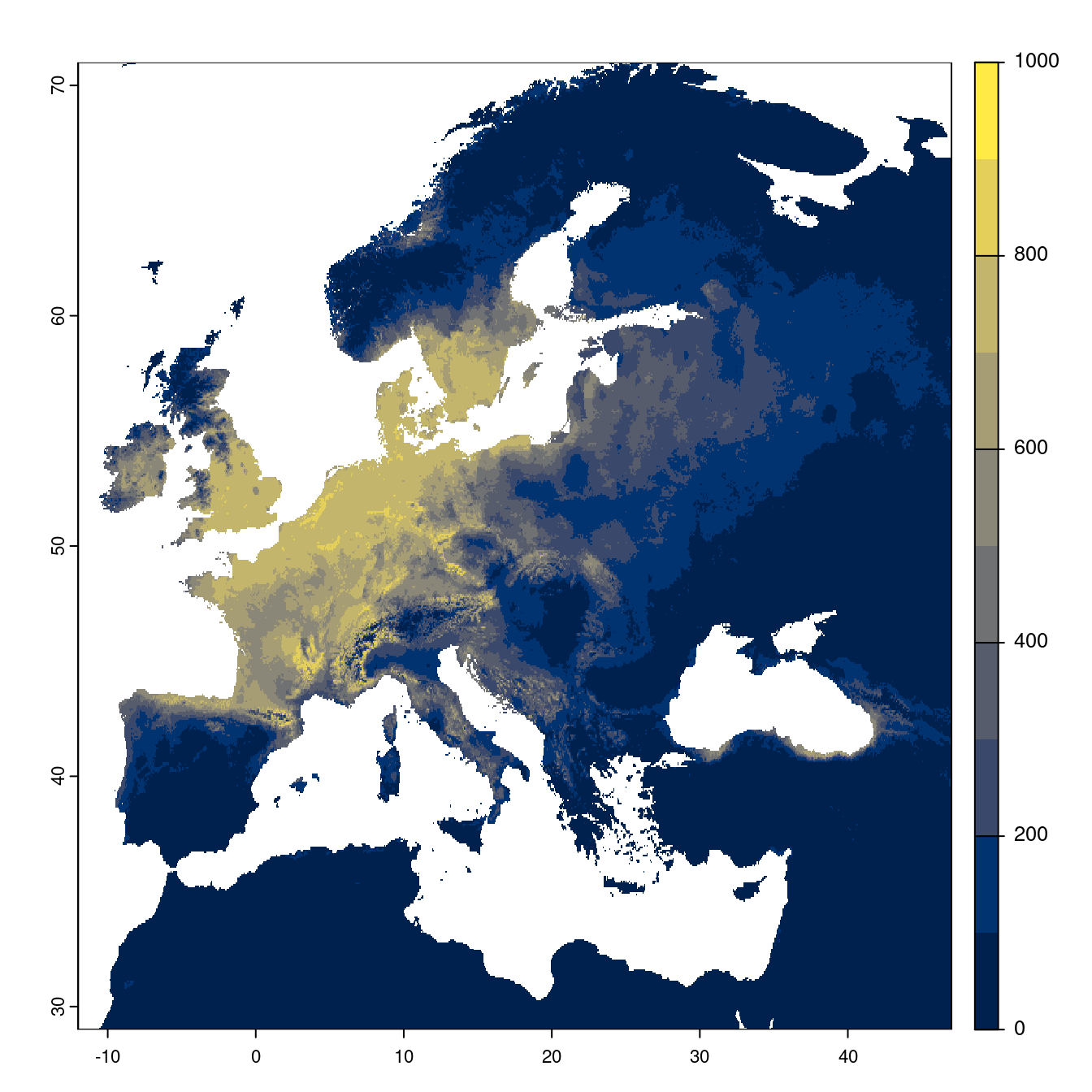Projection des distributions potentielles futures jusqu'à l'horizon 2100 sous le scénario SSP2-4.5 (modèle d'ensemble).