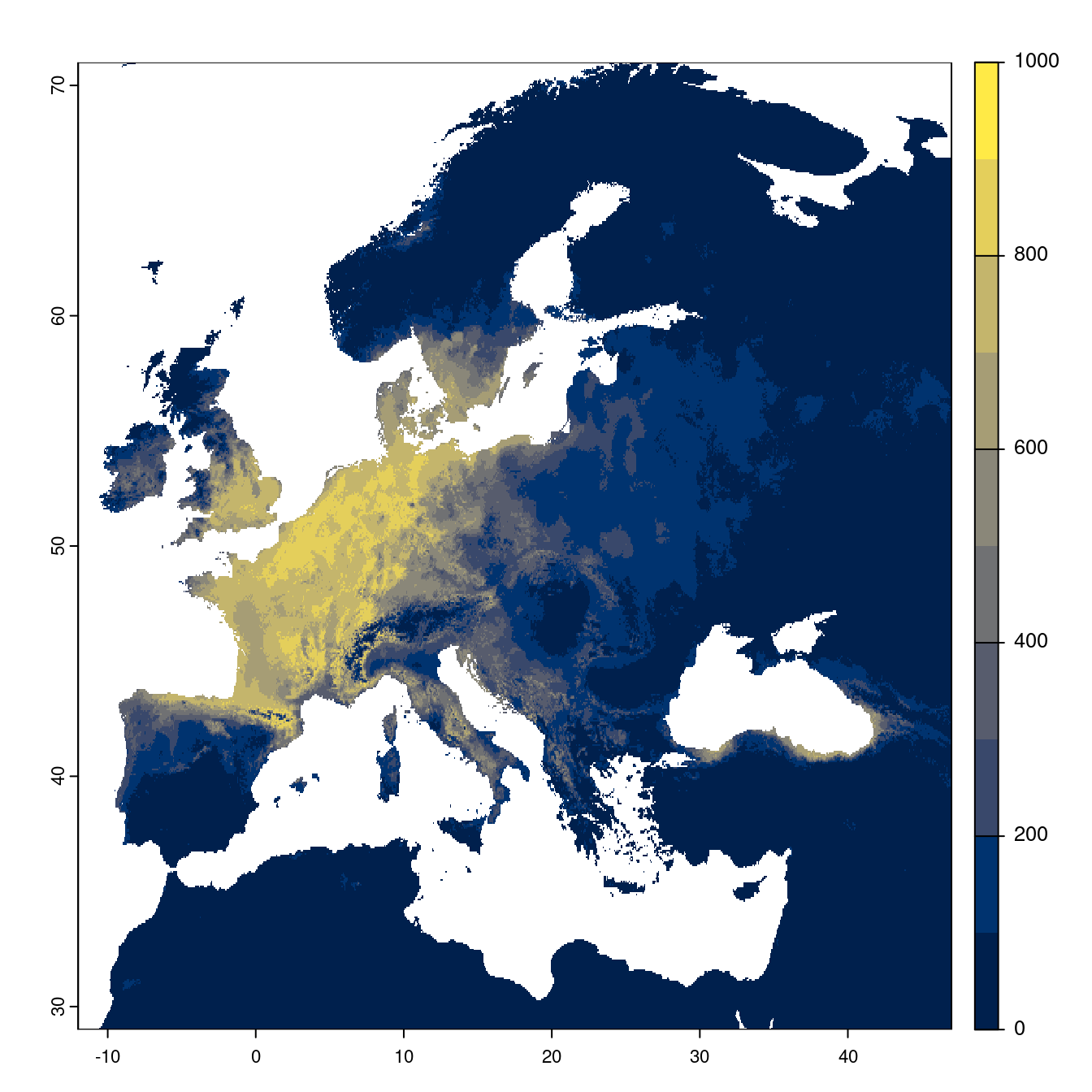 Projection des distributions potentielles futures jusqu'à l'horizon 2100 sous le scénario SSP3-7.0 (modèle d'ensemble).