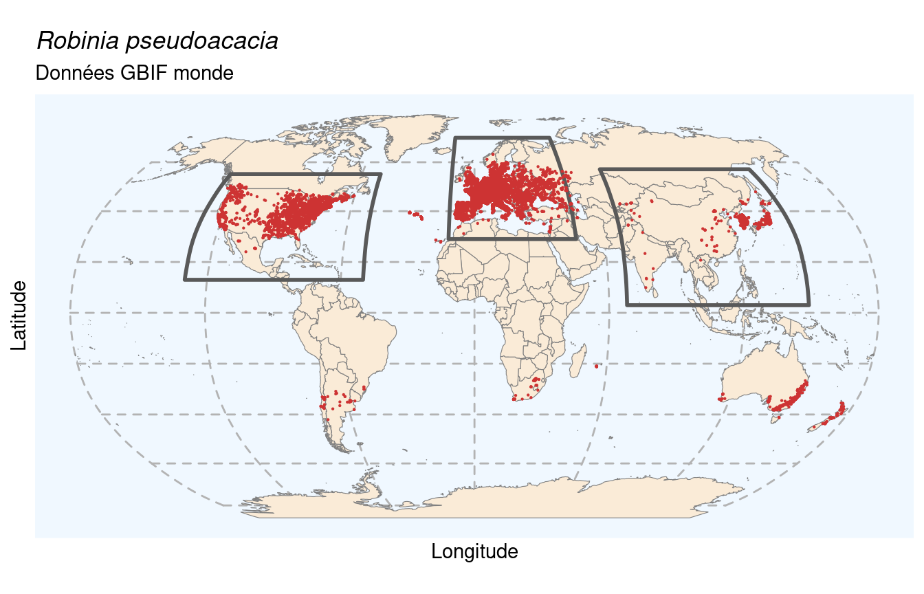 Occurrences de Robinia pseudoacacia dans le monde.