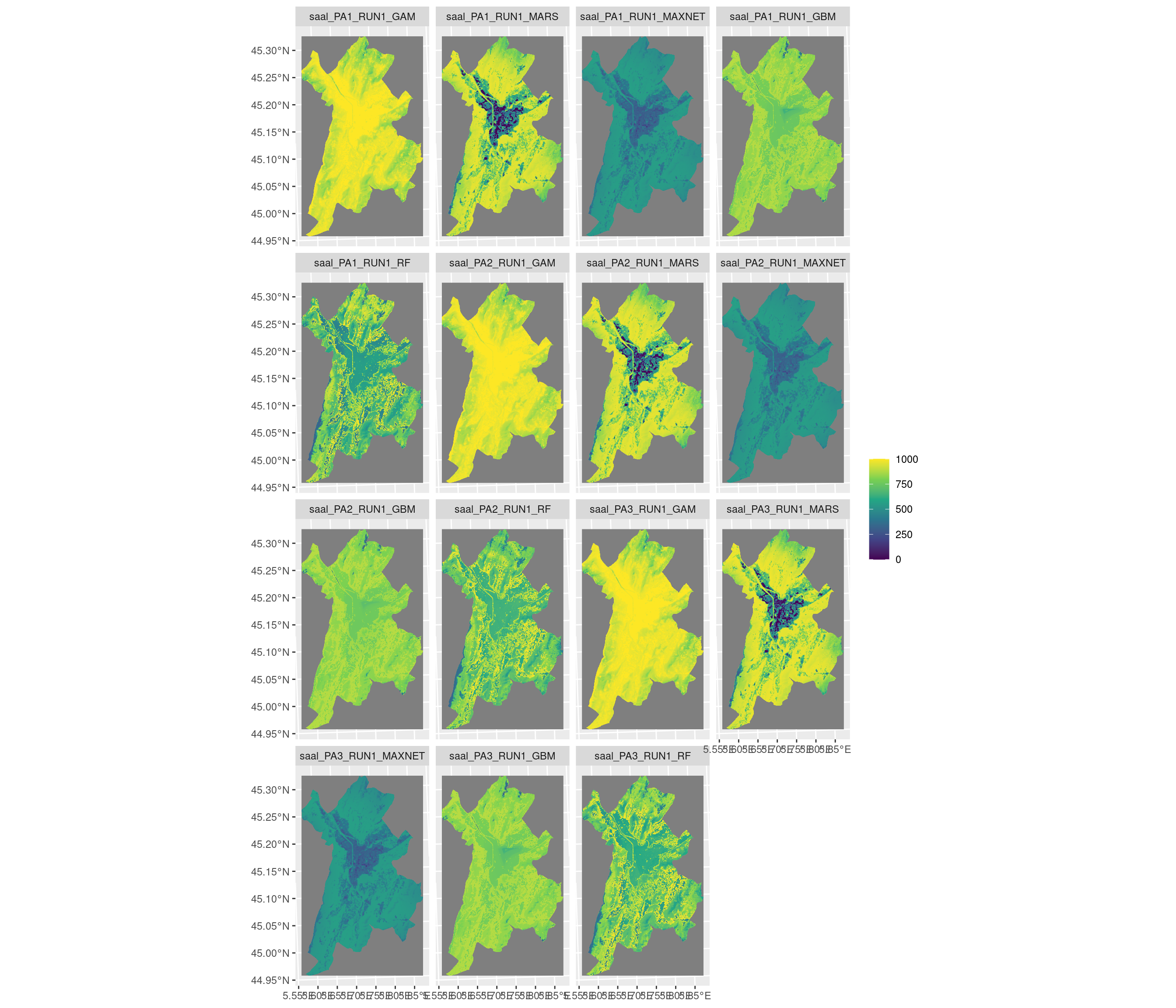 Projection de la distribution potentielle contemporaine sur la métropole de Grenoble, selon les 6 algorithmes et les 3 runs.